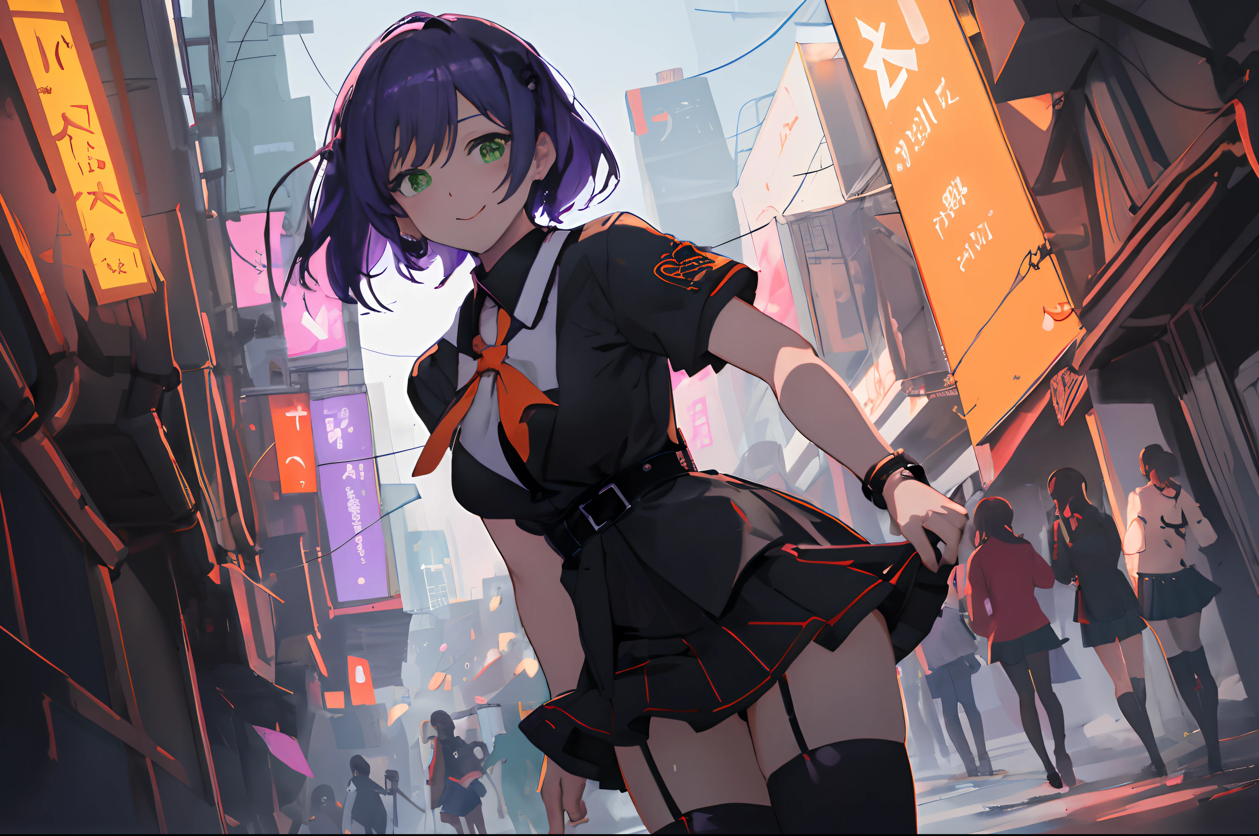 masutepiece, Drawn cartoon character dressed in orange and black skirt and thigh height, 1girl in, Solo, thighs thighs thighs thighs, Green eyes, Purple hair, School uniform, White blouses、Skirt, zettai ryouiki, Smile, , Academic City, School, Students, Cyberpunk, neon light, eventide, Sateen