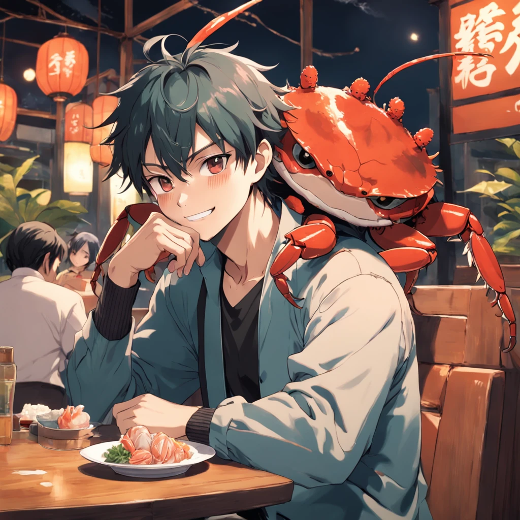 There was a boy sitting down,Young and handsome Wanya face, In the restaurant,Freshwater crab cuisine,Freshwater crabs,Hairy crabs,A smile bigeyes90s style anime retro