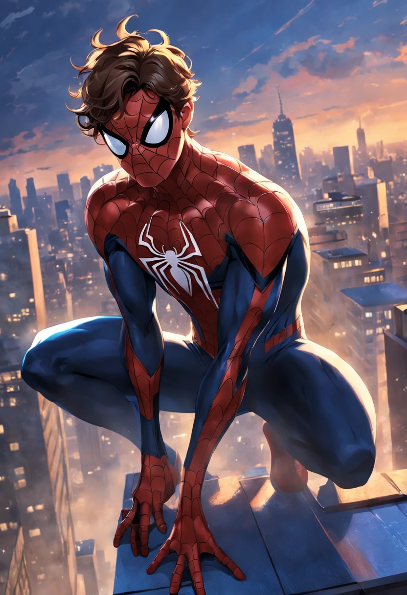 Spider - Man in suit standing on a roof with a city in the background, Pedro Parker, Homem-Aranha, aranha - homem, Retrato do Homem-Aranha, hq 4k papel de parede, Aranha altamente detalhada - Man, Peter Parker como Homem-Aranha, Estilo futurista Homem-Aranha, 8k render", medium close - up ( Mcu ), Spiderman, Trending in ArtStation 4K, cg arte