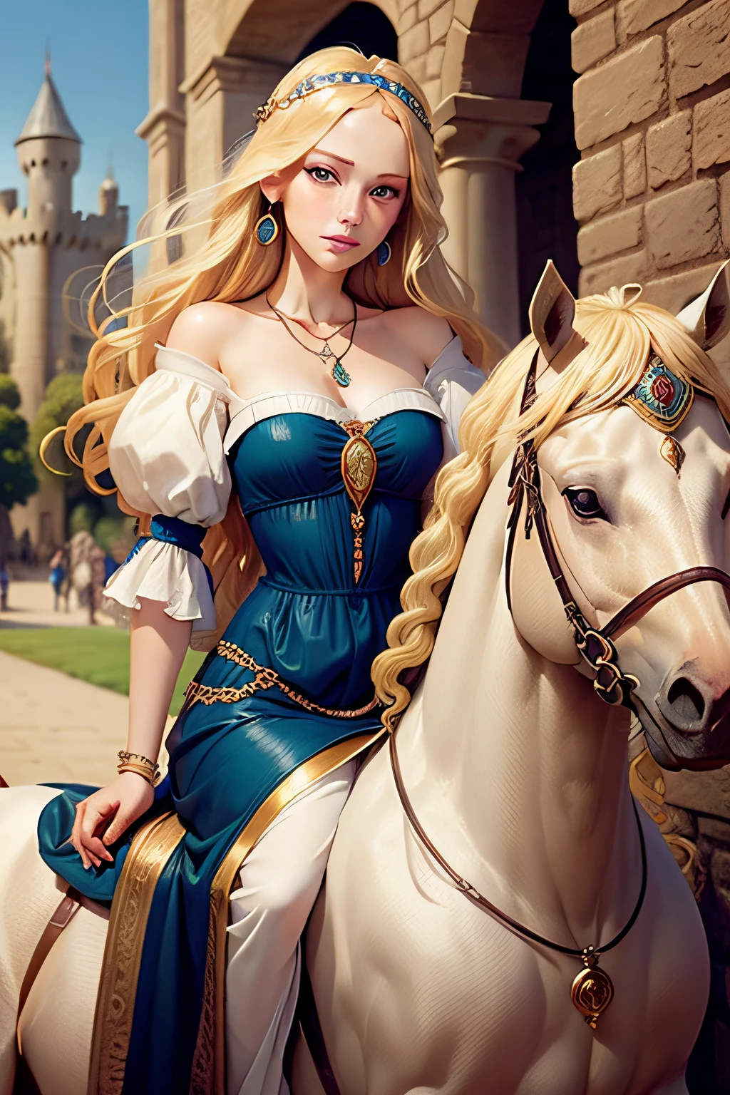 blonde, beautiful girl, blue eyes, sunglasses, necklace, earrings, rings, Renaissance dress inspired by Botticelli's Primavera, blurred background, crenellated castle. prince on horseback