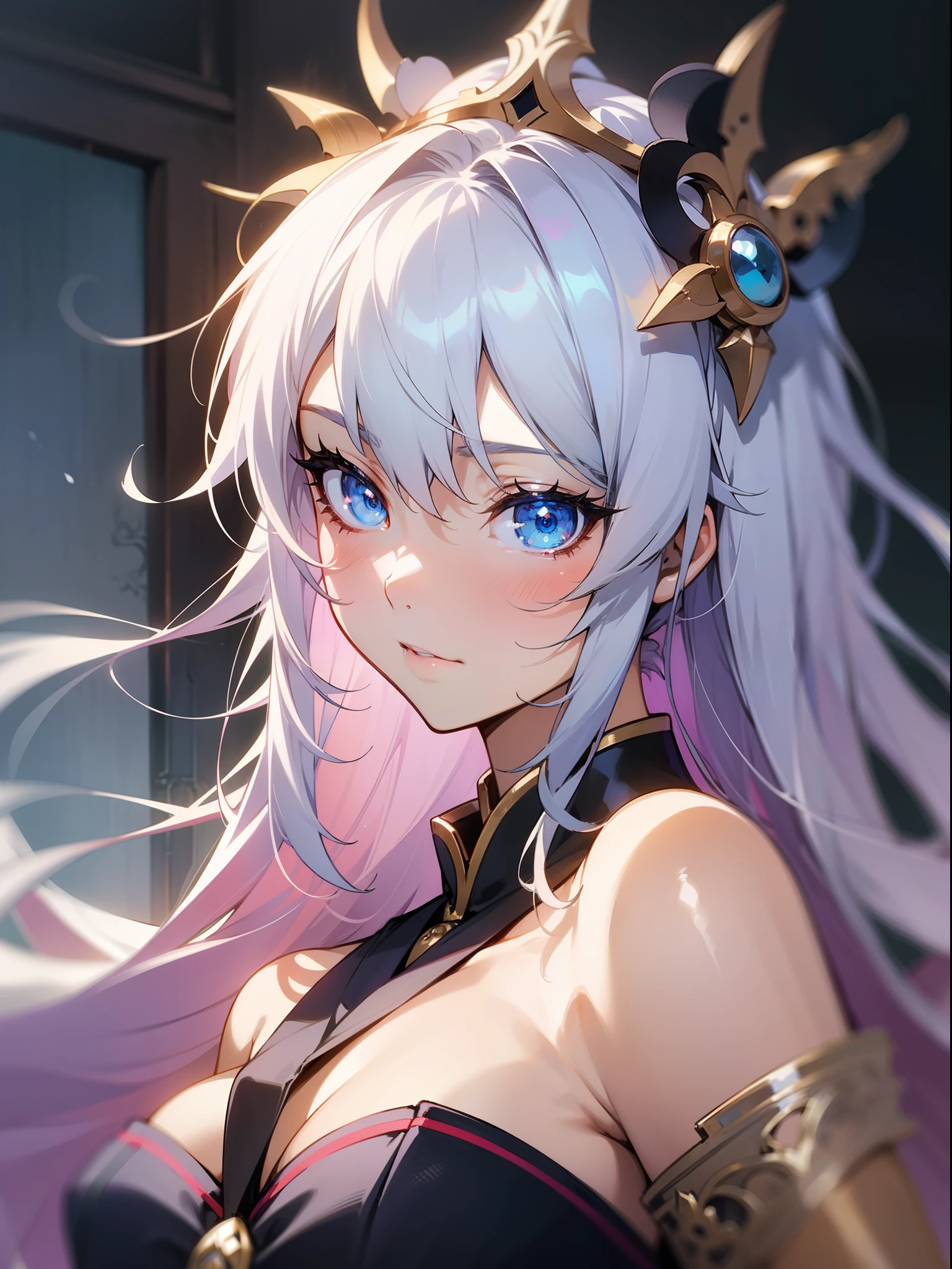 Close-up of face,Diagonal angle., complex details beautiful and delicate eyes, anime girl with long white hair and blue eyes posing for a picture, shadowverse style, smooth anime cg art, sayori, detailed digital anime art, guweiz, sui ishida art manga, shadowverse, official artwork, pixiv style, detailed anime artwork, artbook artwork, seductive anime girl, sougetsu, detailed anime character art, waifu