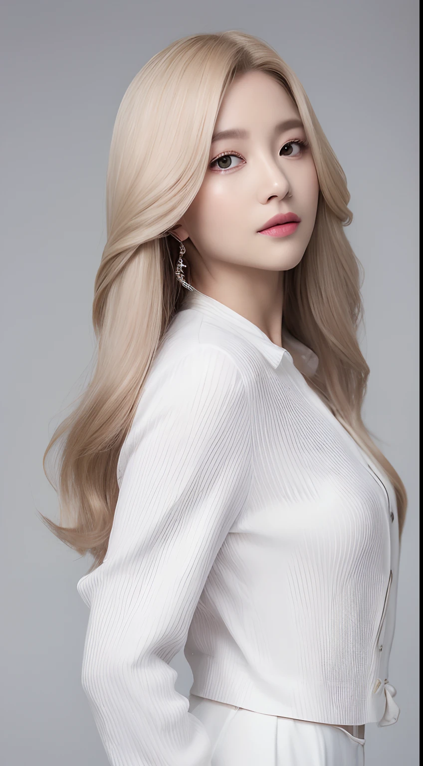 ((Realistic lighting、top-quality、8K、​masterpiece:1.3))、Clear focus:1.2、1girl in、flawless beauty:1.4、、Neat and clean clothing、One-piece clothes、Superfine Face、Narrow-eyed、二重まぶた、lighting like a movie、photos realistic、28 year old、Face like a K-pop idol、white backgrounid、Gray background、Mature Woman、Classy makeup、Angle of pull、length hair、Longhaire、Long hair、blonde  hair、Light hair color、Straight hair