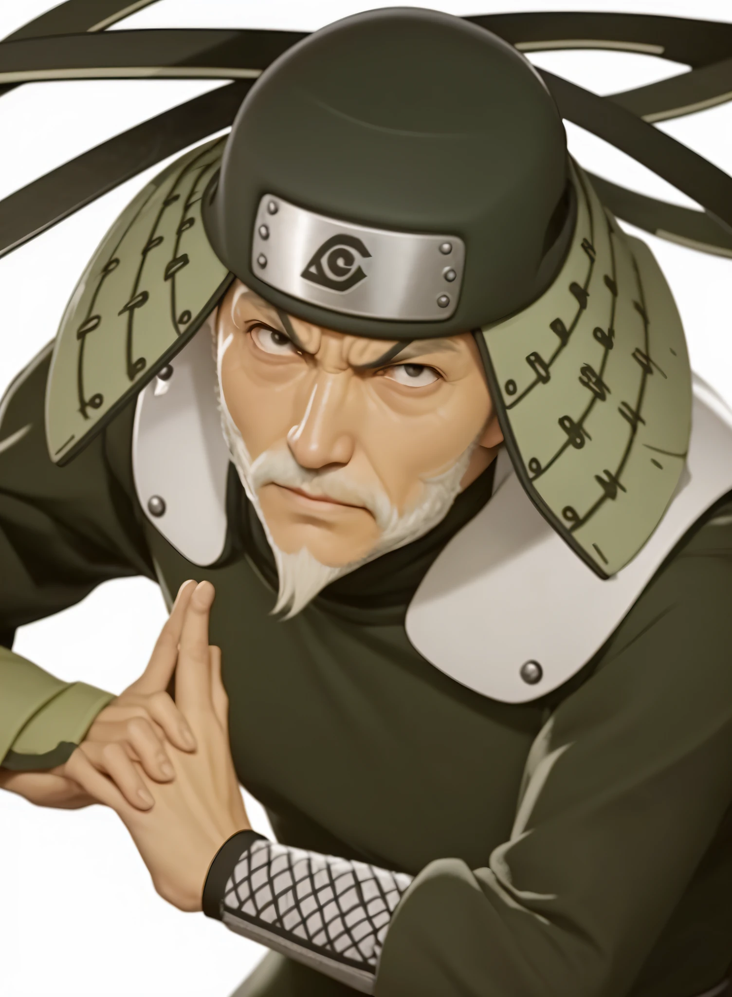 Sarutobi is a character in the Naruto anime. An old man. Wears a black helmet with the Konoha logo. The helmet is decorated with iron armor plates like long ears on both sides of the edges. On his shoulder there is an iron shield. Wearing a black long sleeve spandex shirt. has 3 lines under his eyes, there is a white beard which is only on his chin. exudes a sense of wisdom and authority as the esteemed Third Hokage from the Naruto Anime.