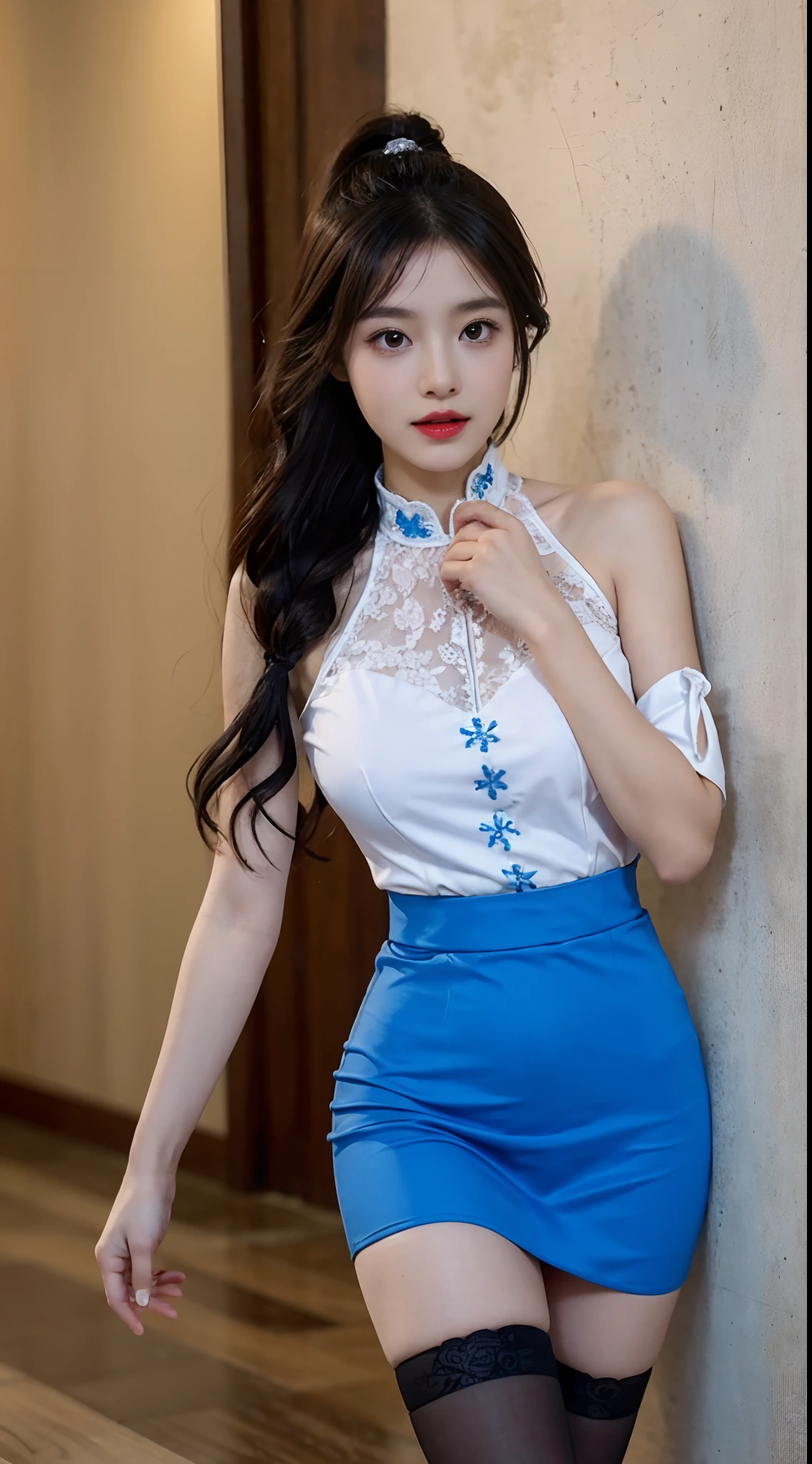 A perfect young female white-collar worker,Chinese big breasts,High picture quality,Works of masters,Black hair,Single horsetail,hair adornments,cropped shoulders,鎖骨,exquisite face,Hydrated red lips,face fill light,((Wear colorful and stylish summer sailor suits))(red colour,blue colors,green color,Violet-orange,In pink,amarelo,Printed clothing,Colorful costumes),Kurfo,,Colorful pleated skirt,Shadow lace skirt,Sparkling gemstone dress,Lightning astral dress,Crystal elements,Embroidery pattern elements,Fringed skirt,snowflake dress,Moonlight skirt,Butterfly fairy dress,Drizzle dress,lumnious,white stockings,black lence stockings,Hosiery,Jumpsuits,Suspenders,Lace material,Silk clothing,Real Human,(White interior wall background:1.5),CG rendering,16k,Stand up,Empty interior,Do not show your hands,Close-up shot