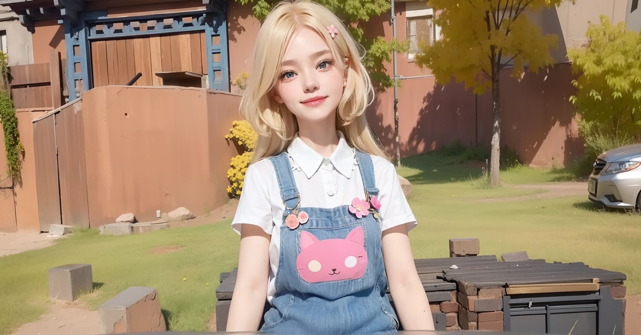 Female 30 old years, beautiful face, Long blonde hair, Blink one eye, Little smile, photorealistic, masterpiece, fix hands