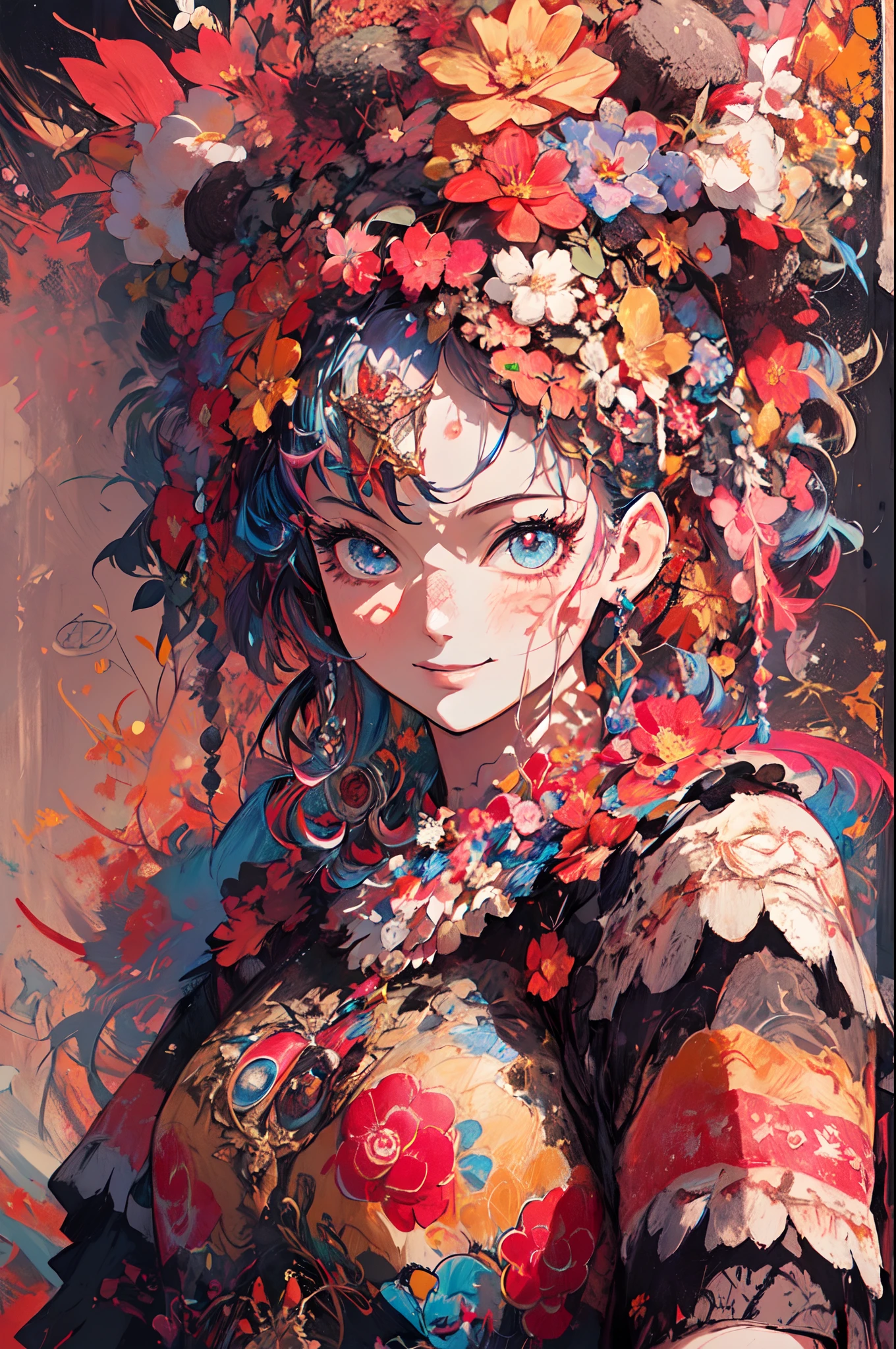 ((flowercrown)),Contemporary art created by tracing traces of colorful ink、masterpiece、ultra-detailliert、pop-art、innocent smiles、eye glass、(1 girl, Solo:1.6),(Cute smile), (Best Impact:1.5), (maximalism:1.7), Vivid contrast, (Realistic), hyperrealistic illustrations, hight resolution, ultra-detailliert, absurderes,(Fractal Art:1.3)、One Piece Appearance、Random hairstyle、Random hair color colorful、FULL BODYSHOT、Retro、Precise focus、randome pose、cinema4d、Drama
