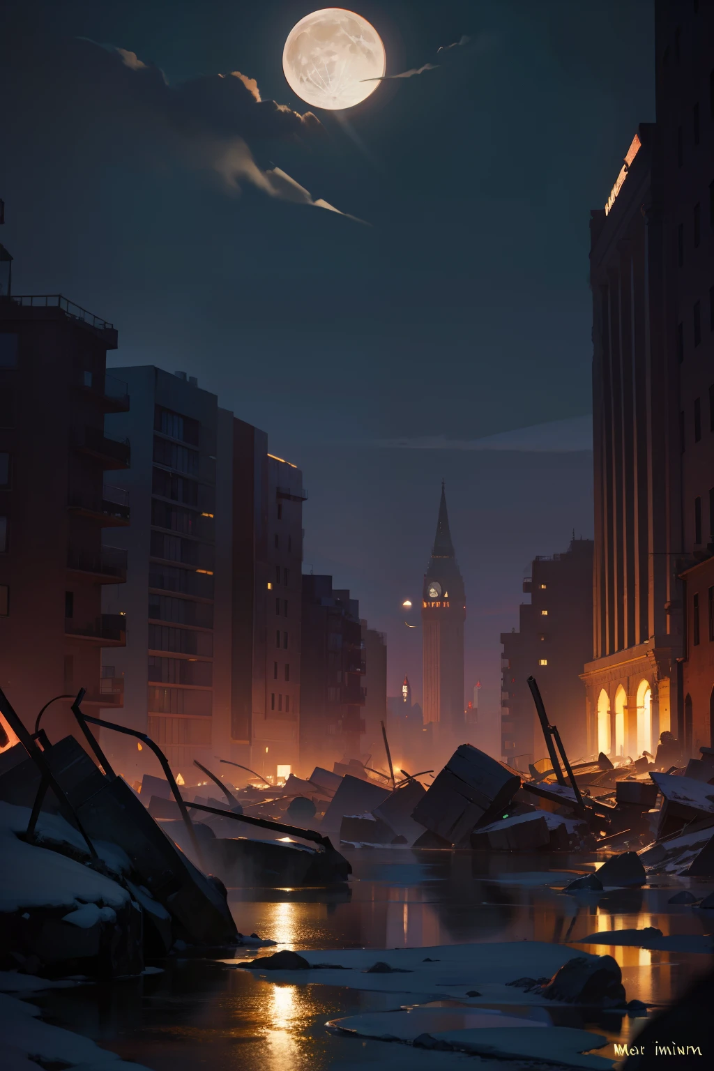 Tranquil night, city in ruins, darkness, dark lighting, moon, midnight