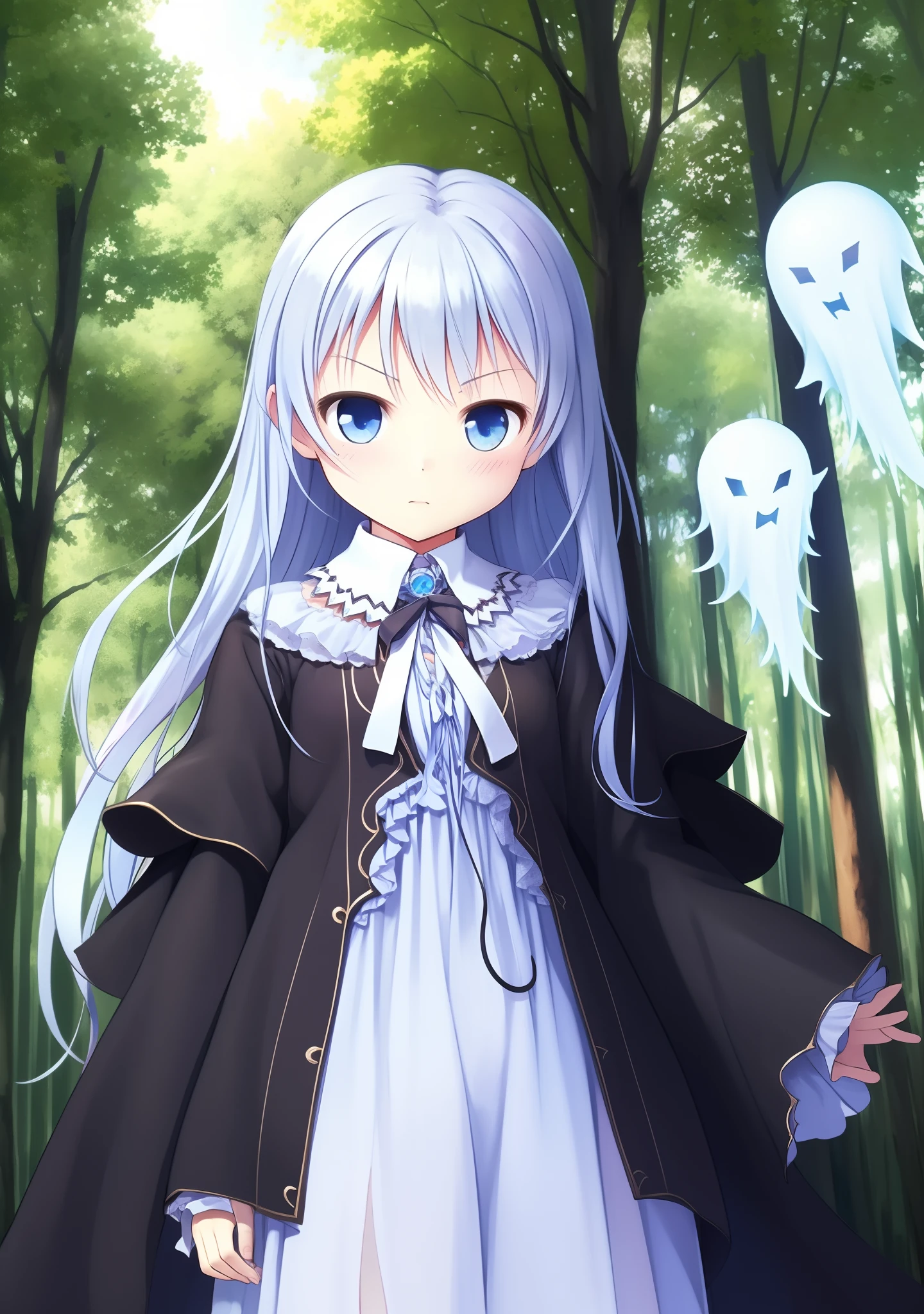 1girll,Dressed in an ancient style white dress and white shoes,Long white hair,blue color eyes,white skinned,Medium height,Holding an open white umbrella,The umbrella has a pattern on it,There are some small light blue ghosts around it,Behind you is a forest,There are no stars in the sky, but there is a blue moon and a few crows,It's night,(Little ghost:1.5)