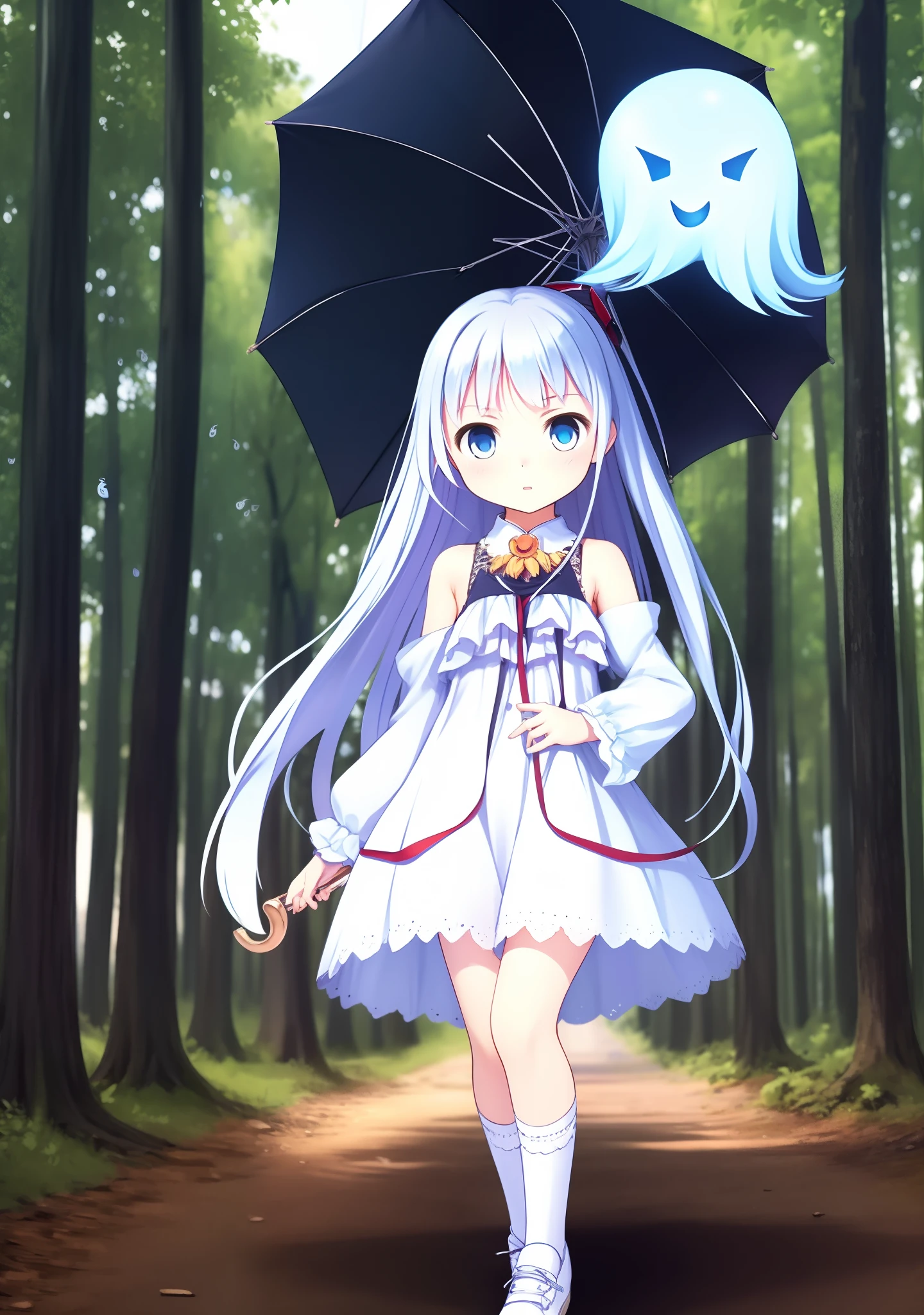 1girll,Dressed in an ancient style white dress and white shoes,Long white hair,blue color eyes,white skinned,Medium height,Holding an open white umbrella,The umbrella has a pattern on it,There are some small light blue ghosts around it,Behind you is a forest,There are no stars in the sky, but there is a blue moon and a few crows,It's night,(Little ghost:1.5)