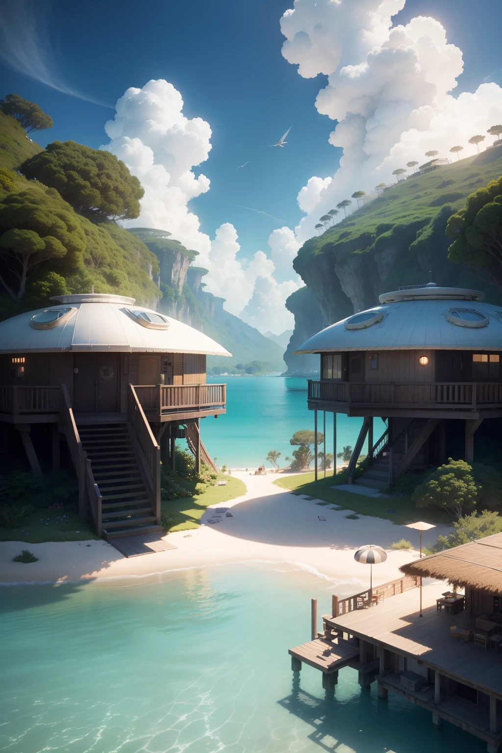 Pixar Style, Studio Ghibli, A happy community of multiracial people, living on their own atoll, Houses with white domes, surrounded by gardens, Floating farms for growing shrimp and oysters inside the atoll, Many children help adults or play by the ocean, Result 4 HD, Cinematic style photography, greeble, Ray Tracing, in the style of realistic lighting with chiaroscuro, Detailed facial features, Marcin Sobas, jagged edges, flickr, Thomas Saracen, Close-up intensity, 1/200 p. (in Russian), ISO100, Taken on a Canon EOS R with 50mm f aperture/ 1.8, f/2.2, sci-fi movie, M42 Mount, --niji 5