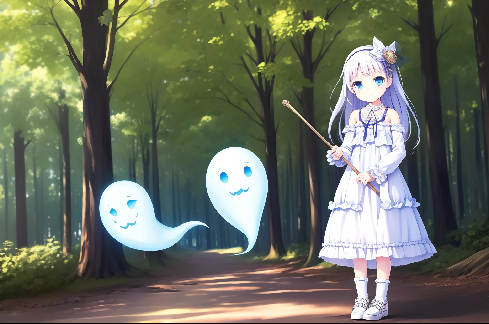 1girll,Dressed in an ancient style white dress and white shoes，Long white hair，blue color eyes，white skinned，Medium height，Holding an open white umbrella，The umbrella has a pattern on it，There are some small light blue ghosts around it，Behind you is a forest，There are no stars in the sky, but there is a blue moon and a few crows，It's night，(Little ghost:1.5)