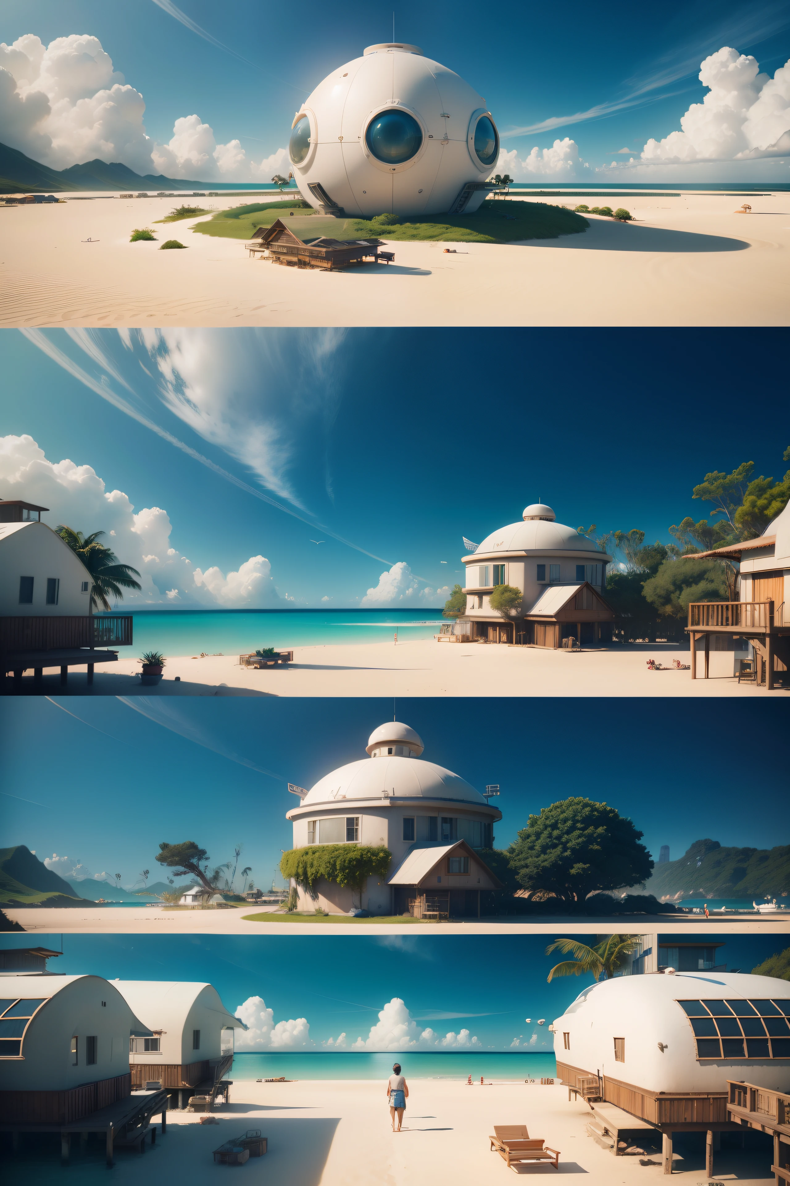 Pixar Style, Studio Ghibli, A happy community of multiracial people, living on their own atoll, Houses with white domes, surrounded by gardens, Floating farms for growing shrimp and oysters inside the atoll, Many children help adults or play by the ocean, Result 4 HD, Cinematic style photography, greeble, Ray Tracing, in the style of realistic lighting with chiaroscuro, Detailed facial features, Marcin Sobas, jagged edges, flickr, Thomas Saracen, Close-up intensity, 1/200 p. (in Russian), ISO100, Taken on a Canon EOS R with 50mm f aperture/ 1.8, f/2.2, sci-fi movie, M42 Mount, --niji 5
