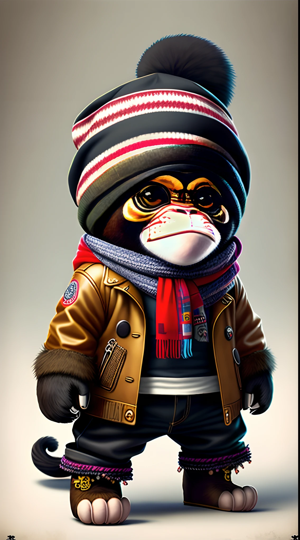 Image of a monkey in a hat and scarf, trends in the art station, dressed in punk clothing, Ultra-realistic detail rendering, British gang member, Urban style, intimidating pose, Planet of the Apes, Fashion clothes, Urban Samurai, meow, West Slavic traits, 8 1 5