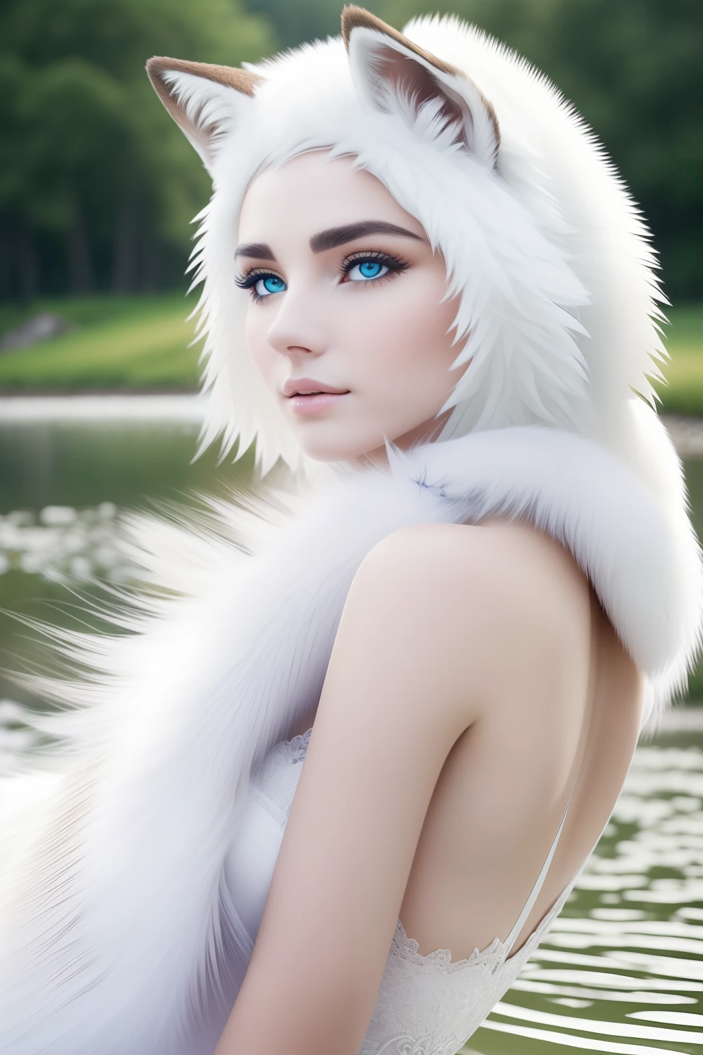 (Highest quality, 4K, Masterpiece, Amazing details:1.1), Lying near a lake,sein moyen. yeux bleus profonds,, (corps entier:1.3) faible profondeur de champ, E671, lens 50mm f/2.0, (( Anthro loup blanc femelle)), sourcils fins, short wavy hair with flower hair ornament, (realistic white fur, Detailed fur texture:1.2), ((photoreallistic) (Photo brute))