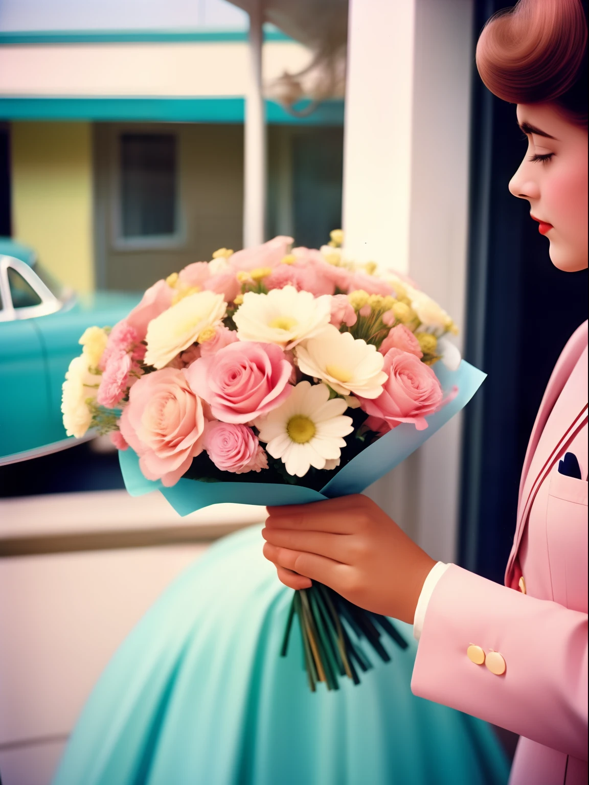Hand holding a bouquet of pastel colors,The photo was taken with an analog camera in the 1950s. Traditional 50s,Photo by William Eggleston, Appearance of the 50s, Highly detailed, Slightly blurred, Slightly grainy, Film Projection