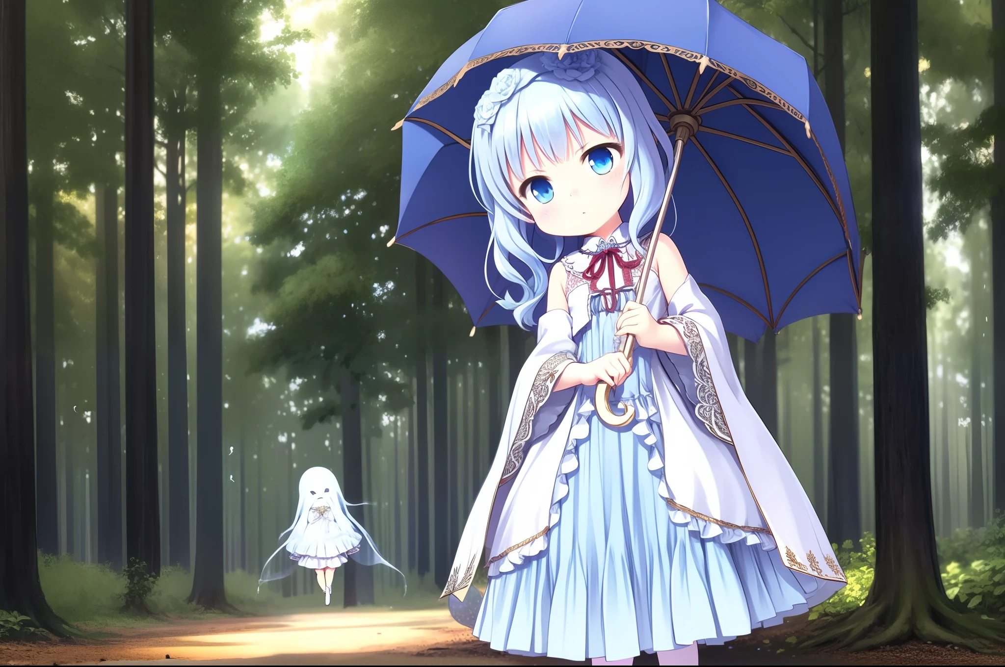 1girll,Dressed in an ancient style white dress and white shoes，Long white hair，blue color eyes，white skinned，Medium height，Holding an open white umbrella，The umbrella has a pattern on it，There are some small light blue ghosts around it，Behind you is a forest，There are no stars in the sky, but there is a blue moon and a few crows，It's night，(Little ghost:1.5)