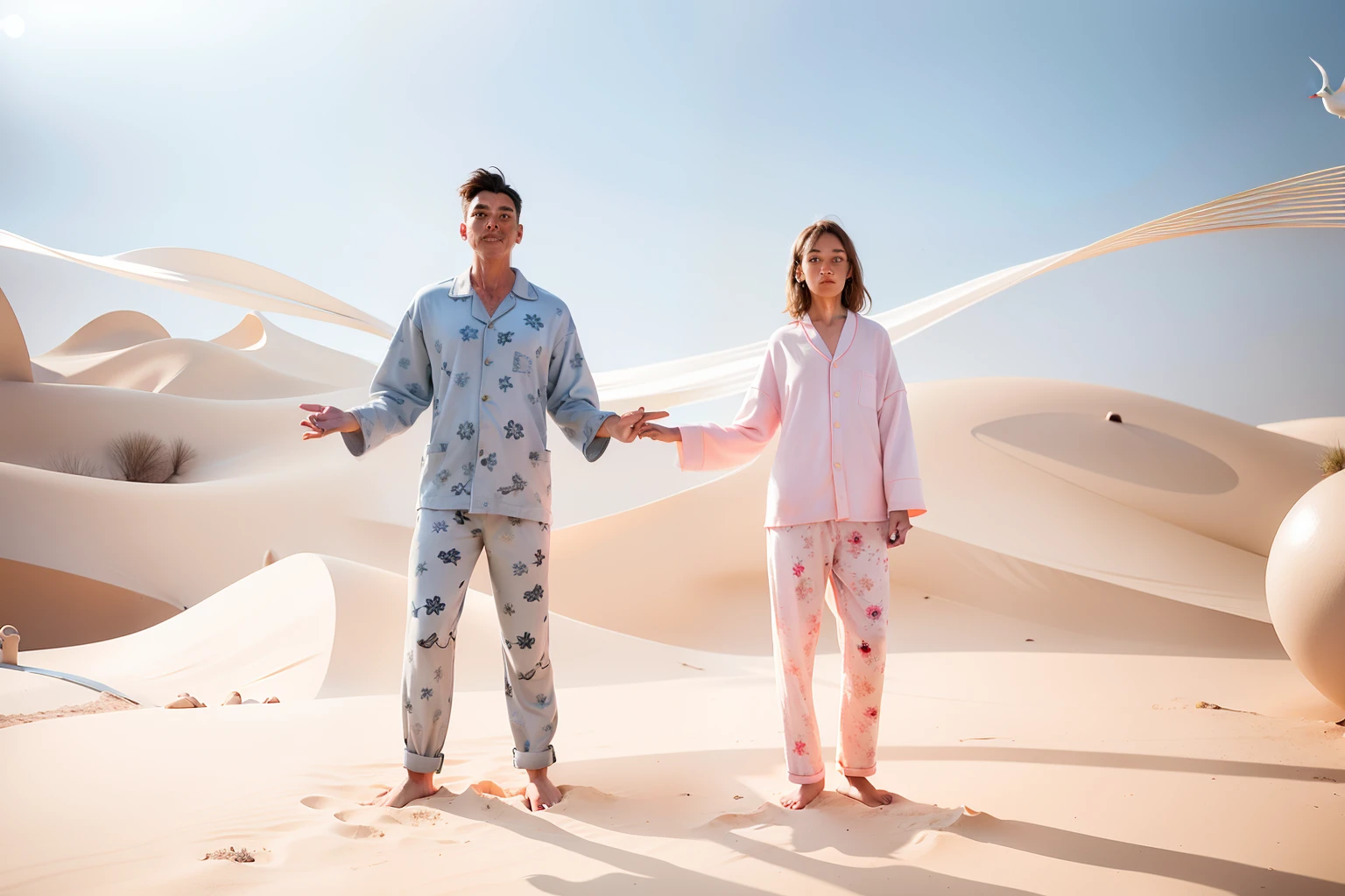 They stood in front of a wall with a desert scene, wearing pajamas, designed for cozy aesthetics!, pyjamas, wearing a baggy pajamas, p. j. n, dreamy soft, Heaven, focus on full - body, easygoing, petra collins and mc. Escher, floating robes, dressed in simple robes, author：Alice Mason, inspired by Peter Alexander Hay