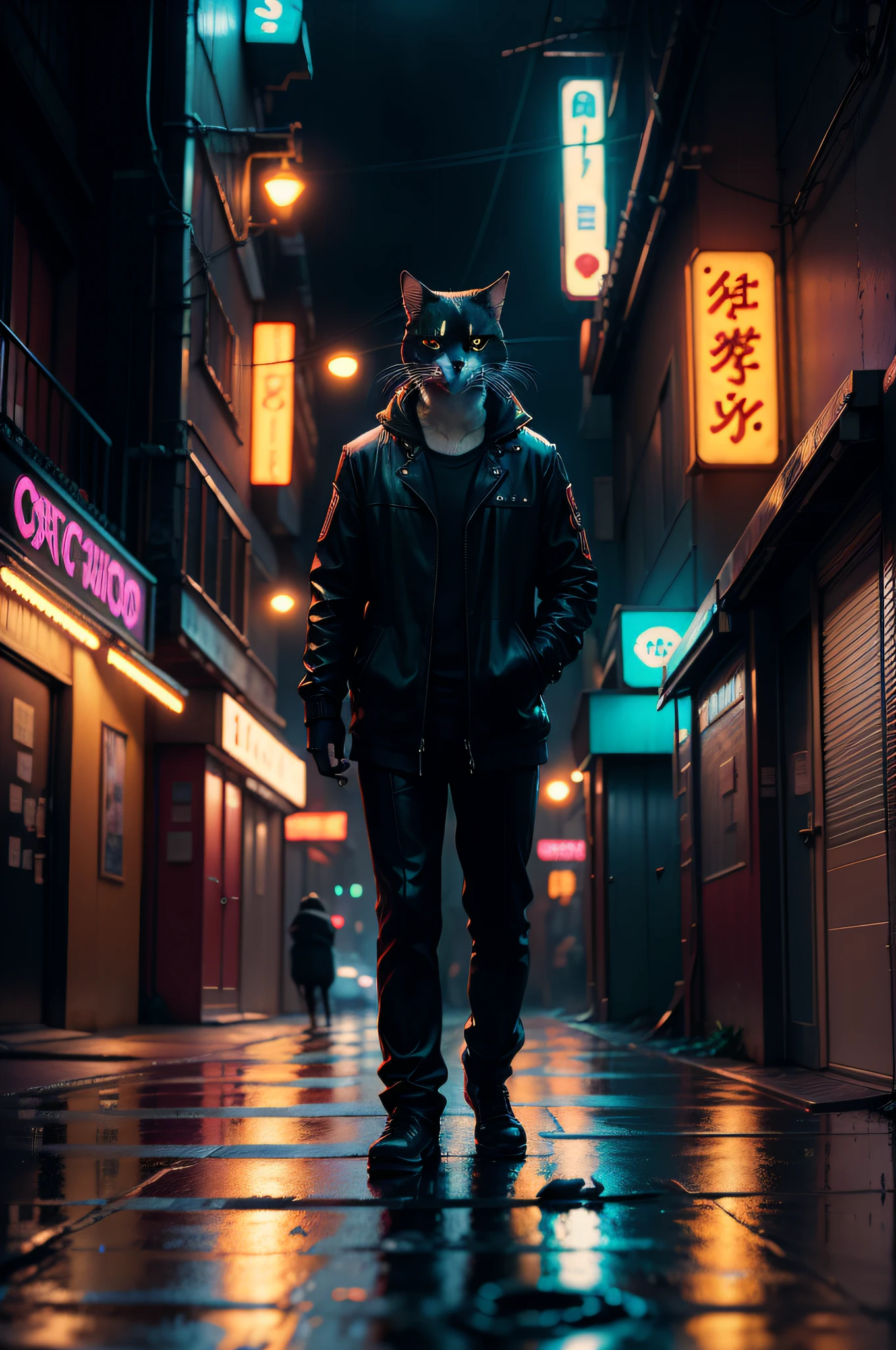 raw candid cinematic of a cat in a street alley, raining, neon signs, cyberpunk, bladerunner, 12k