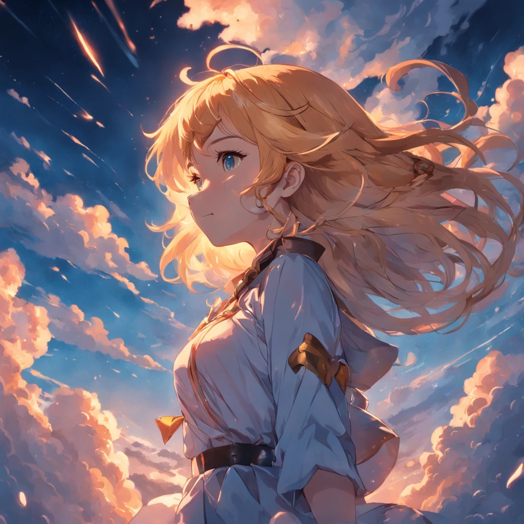 tmasterpiece，best qualtiy，cinematic Film still from，1girl，Cloud Girl，Floating in the sky，closeup cleavage，brightly，cheerfulness，Warm and soft lighting，the sunset，（spark of light：0.7），cat woman，Bust photo，Daily photos，quadratic element
