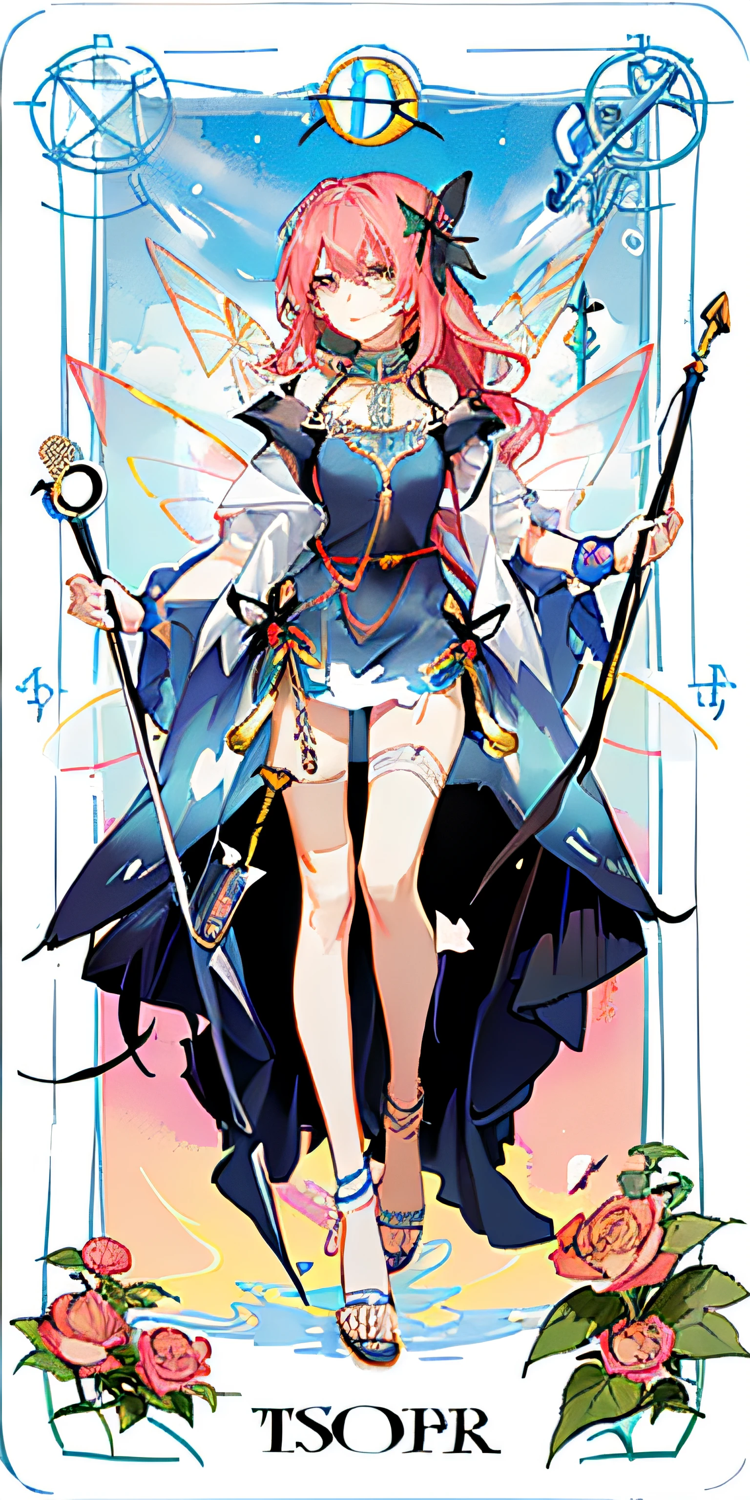 (Golden Ratio: 1.2), (Rose Graffiti: 1.2), (Glitch Color: 1.3), [(White Background: 1.4)::10], (Whole Body: 1.2), (Super Fine: 1.3), (Tarot :1.6),(Magician (Tarot):1.6),(Paper:1.2),(Fairy:1.6),(Fairy Wings:1.2),Full Body, Hanging,(Cool:1.2),(Red Long Hair ),(butterfly hair accessory),(flower hair accessory: 1.0),((sandals,Locket)),(colored cocktail dress: 1.0)+(loose-sleeve jacket: 1.3)+(fluttering colorful tassels and ribbons :1.2 ),(white stockings: 1.2),(colored ink paper flowers: 1.2),(colorful flower sea: 1.3),(chaotic geometry: 1.3),(negative space: 0.8),(drawing board: 1.3 ), (Ether Color ink flow: 1.3)