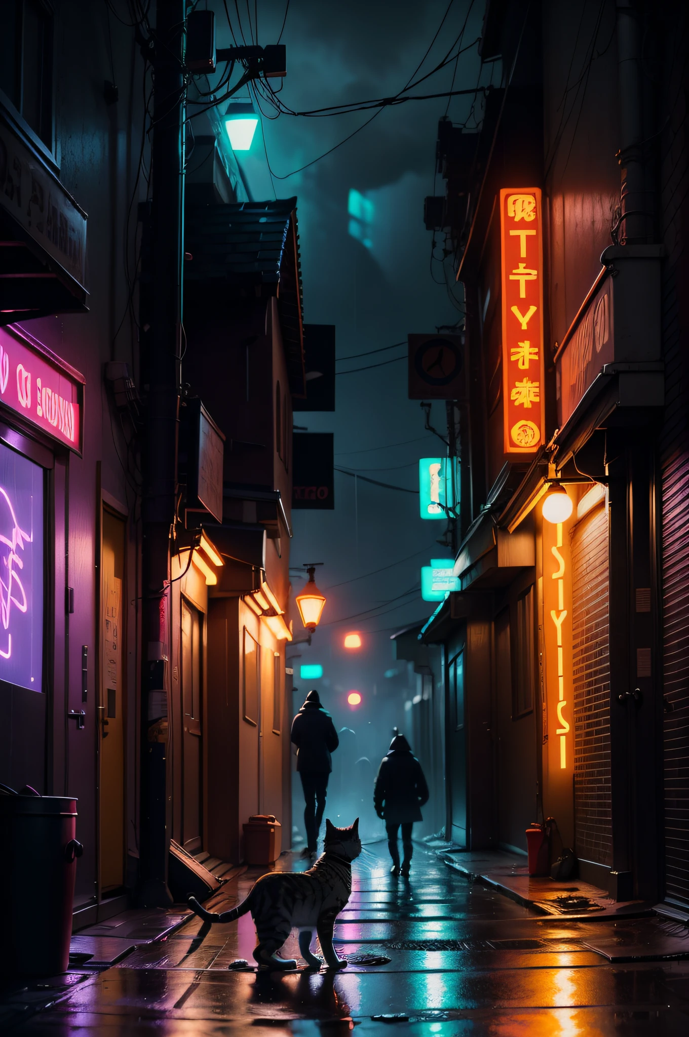raw candid cinematic of a cat in a street alley, raining, neon signs, cyberpunk, bladerunner, 12k