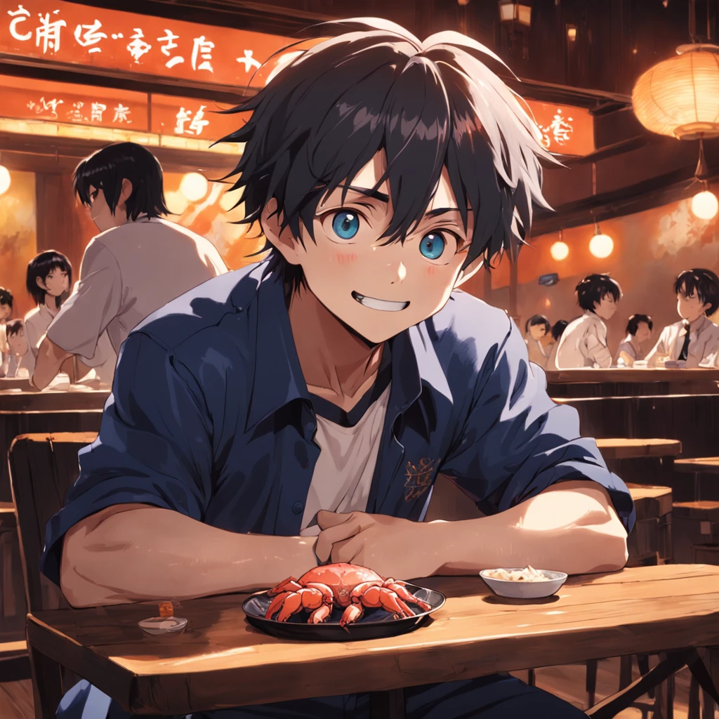 There was a boy sitting down,Young and handsome Wanya face, In the restaurant,Freshwater crabs on the table(Hairy crabs)delicacies,A smile bigeyes90s style anime retro