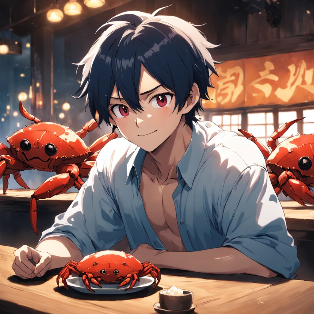 There was a boy sitting down，Young and handsome Wanya face, In the restaurant，Freshwater crabs on the table（Hairy crabs）delicacies，A smile　bigeyes９0s style anime retro