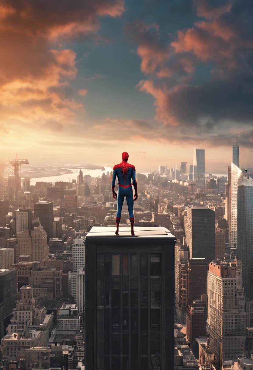 Spider - Man in suit standing on a roof with a city in the background, Pedro Parker, Homem-Aranha, aranha - homem, Retrato do Homem-Aranha, hq 4k papel de parede, Aranha altamente detalhada - Man, Peter Parker como Homem-Aranha, Estilo futurista Homem-Aranha, 8k render", medium close - up ( Mcu ), Spiderman, Trending in ArtStation 4K, cg arte