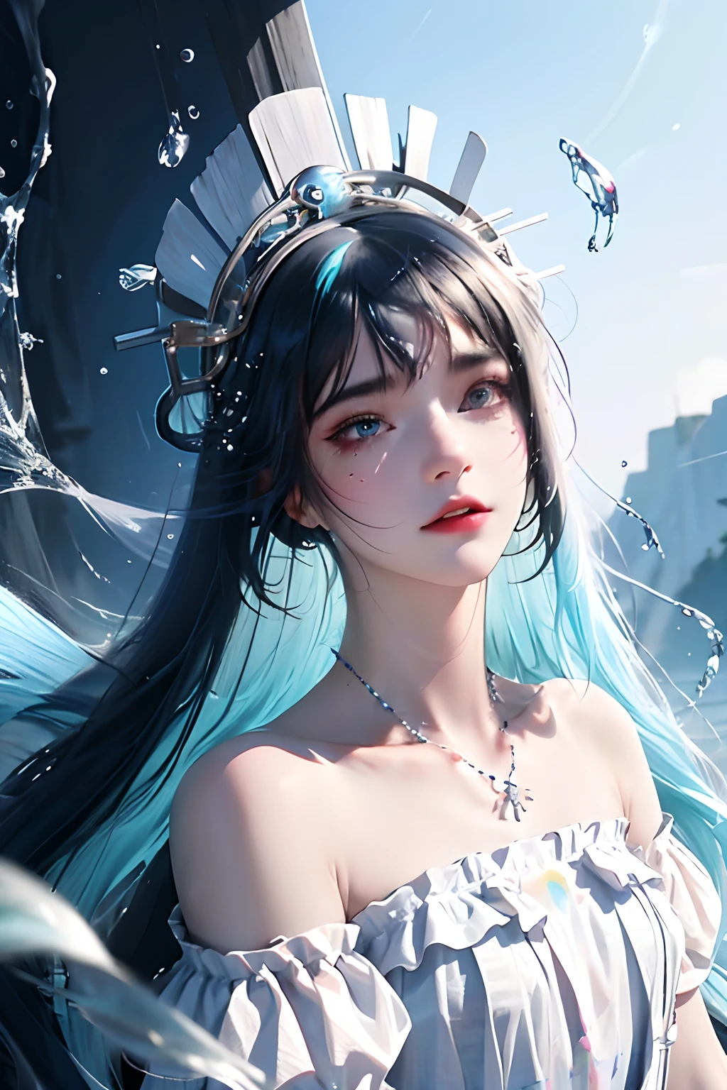 (Pink fashion T-shirt: 1.9), (Colorful hair: 1.8), (Rainbow all colors: 1.8), (((Vertical painting: 1.6))), (Painting: 1.6), Front, manga, illustration, painting, big eyes, crystal clear, (rainbow gradient high ponytail: 1.7), delicate makeup, shut up, (small freshness: 1.5), (bandeau: 1.6), long eyelashes, white off-the-shoulder T- shirt, White Shoulder Shirt, looking at the audience, Big watery eyes, (rainbow hair: 1.6), color splash, (solo:1.8), color splash, color explosion, colour splash, color explosion, thick lacquer style, messy lines, ((shining)), (colorful), (colorful), (colorful), colorful, Thick Paint Style, (Splash) (Color Splash), Vertical Painting, Upper Body, Paint Splash, Acrylic Pigment, Gradient, Paint, Highest Image Quality, Masterpiece, Solo, Depth of Field, Face Paint, colorful clothes, (elegance: 1.2), gorgeous, long hair, wind, (elegance: 1.3), (petals: 1.4), ((masterpiece))), ((best quality))), (ultra-detailed), (illustration), (dynamic angle), (floating), (paint), ((loose hair)), (solo), (1girl), ( ( ( detailed anima face))), (( Beautiful detailed face)), collar, exposed shoulders, white hair, ((colored hair)), ((striped hair)), beautiful detailed eyes, (gradient eyes), (colored eyes))), (colored background))), (high saturation))), ((surrounded by colorful splashes))),