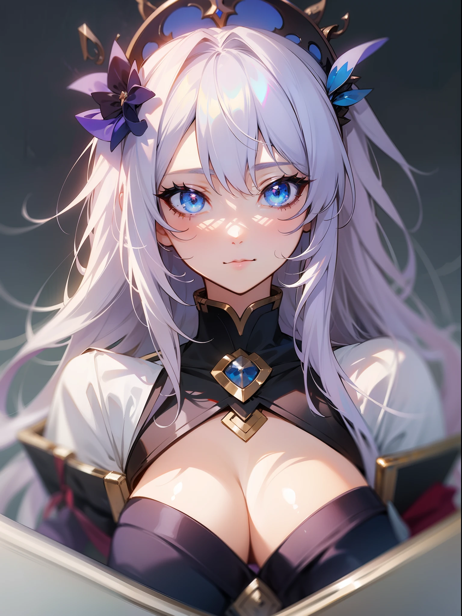 Close-up of face,Diagonal angle., complex details beautiful and delicate eyes, anime girl with long white hair and blue eyes posing for a picture, shadowverse style, smooth anime cg art, sayori, detailed digital anime art, guweiz, sui ishida art manga, shadowverse, official artwork, pixiv style, detailed anime artwork, artbook artwork, seductive anime girl, sougetsu, detailed anime character art, waifu