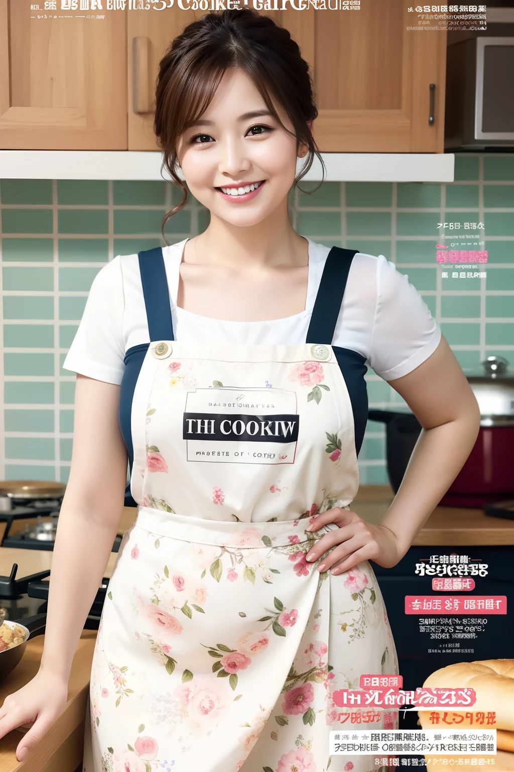 (Best Quality, Masterpiece), Front cover of a women's cooking magazine, 1girl, 30 years old, stunning, cute, heartwarming smile, hourglass figure, wearing floral dress, pinny apron, beautiful food, text, diagrams, advertisements, magazine title