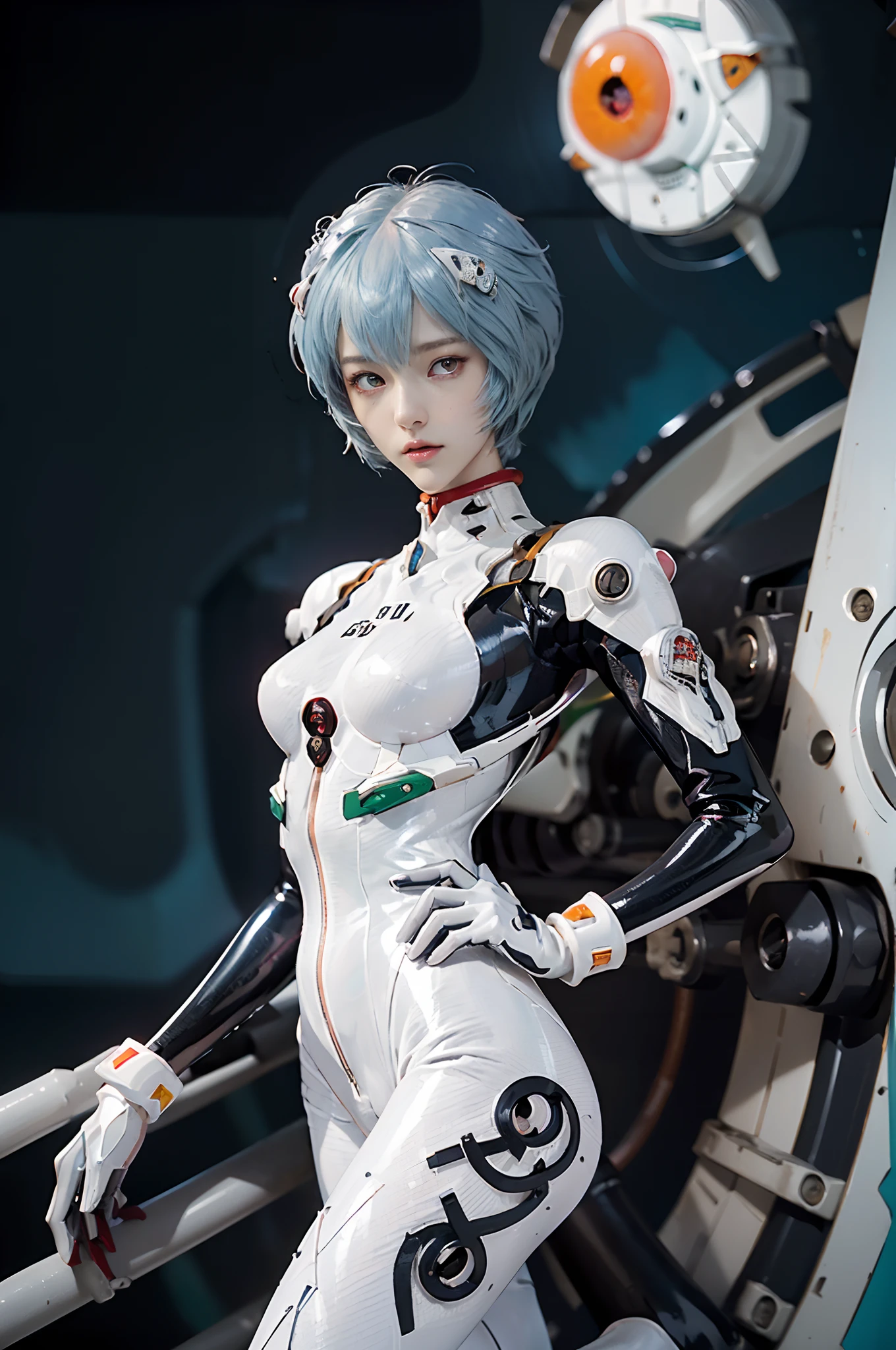 Masterpiece,,((Whole body:1.1))))), (Realistic),Photographs, Best Quality, 1 female,(tall)),Ear fold,(((Rei Ayanami, Plug Suit 00)))), ((((Red Eyes,Beautiful Face, Beautiful Eyes))), (Cute Face)), Wet Eyes, Face,Detail Face, Detail Lips, Detail Eyes, (Long Eyelashes), Double Eyelids, ( Smile), ( (gentle look, fleeting expression)),(rubber suit with strong luster and smooth surface), (((( tight shiny rubber suit)))), (thick black line)))), from below, (upright), (camelt), (smooth body line)), pale short hair, ((pale and thin eyebrows)), beautiful hair, (large round ), small logo pattern on the is zero, mechanical suit, Slender long waist, white skin, (turn around pose), ((night sky, spaceship)), (face and eye details: 1.1), loneliness, blush, (shy)), very delicate and beautiful girl, small logo pattern on the is zero, standing, (((legs closed pose)), (to8 contrast style), small egg-shaped psychosensory device on both sides of the head