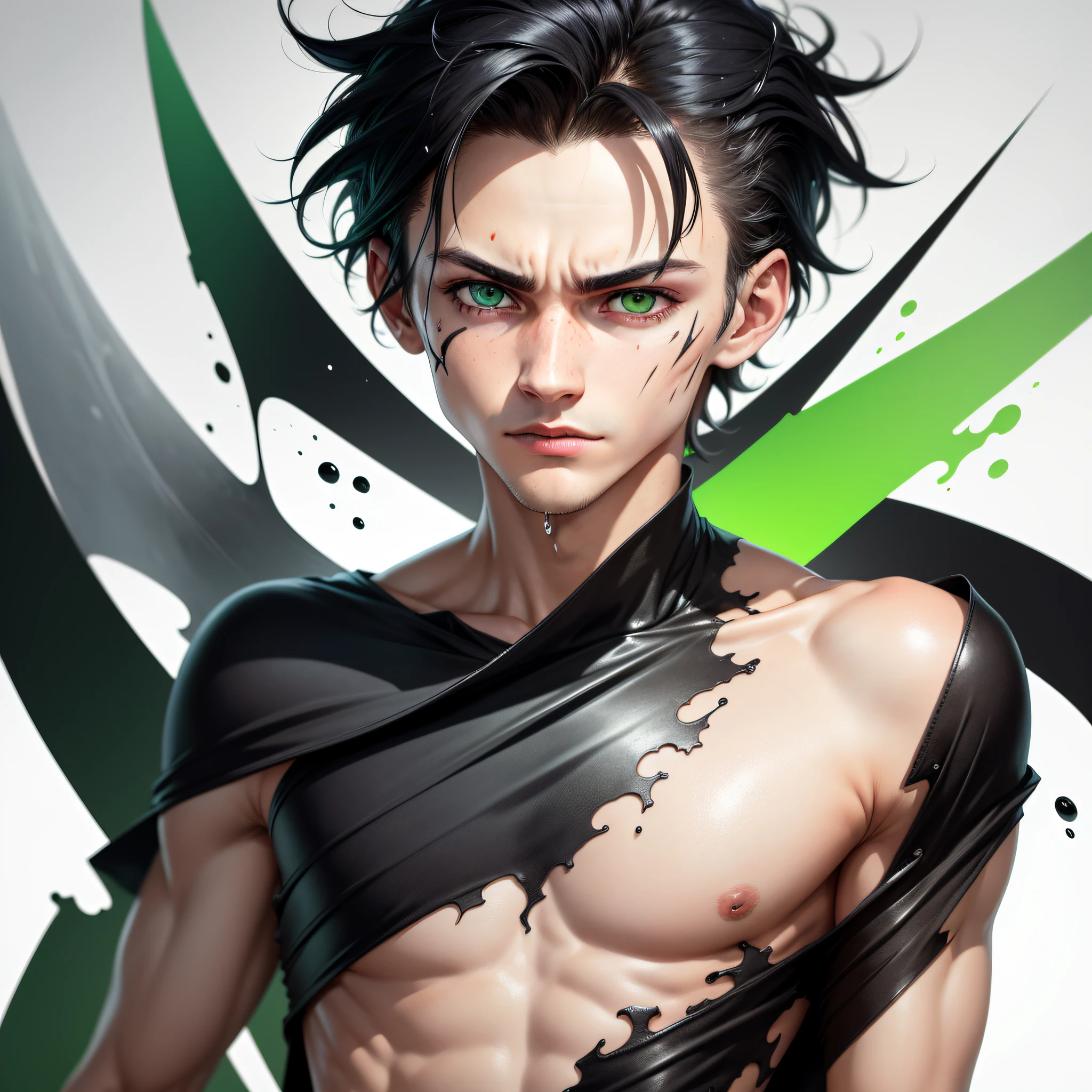 A boy, Thin and angular, with small nose,The chin is sharp, There is a faint scar on the chin, black messy hair, bright green eyes, A distinctive lightning-like scar on the forehead, Stylish, Maximalism, Full portrait, Covered in splashes, Splash color, vibrant, 8K, Artem Cheboka style, Watercolor on white background
