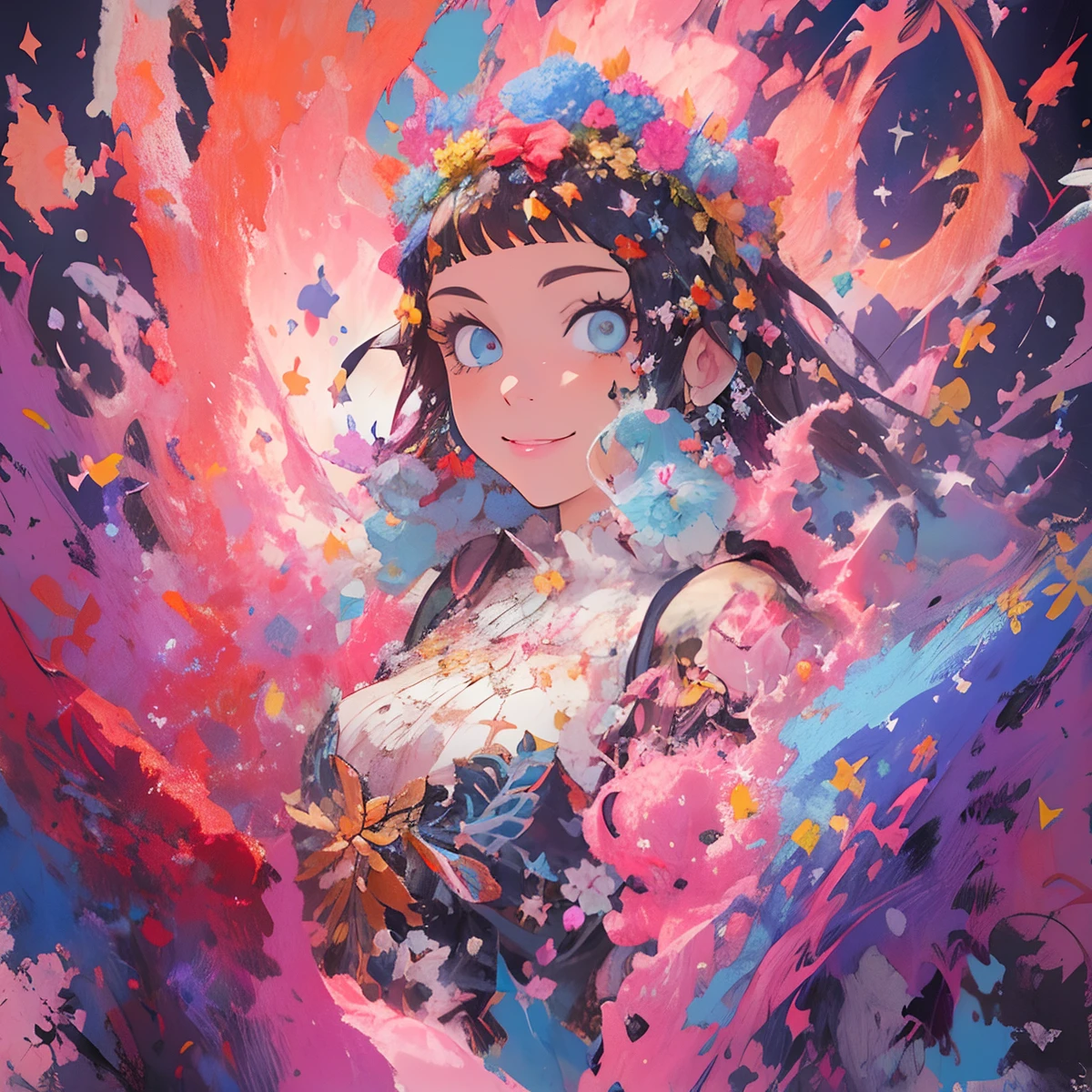 ((flowercrown)),Contemporary art created by tracing traces of colorful ink、masterpiece、ultra-detailliert、pop-art、innocent smiles、eye glass、(1 girl, Solo:1.6),(Cute smile), (Best Impact:1.5), (maximalism:1.7), Vivid contrast, (Realistic), hyperrealistic illustrations, hight resolution, ultra-detailliert, absurderes,(Fractal Art:1.3)、One Piece Appearance、Random hairstyle、Random hair color colorful、FULL BODYSHOT、Retro、Precise focus、randome pose、cinema4d、Drama