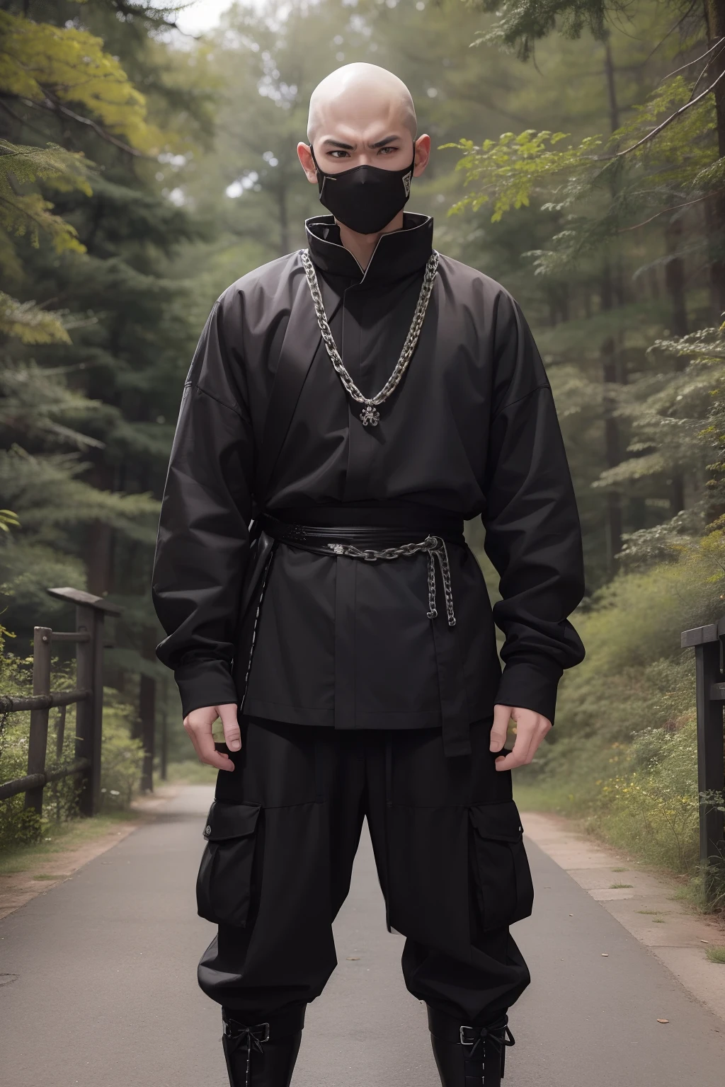 masutepiece、超A high resolution、Powerful images、8K、scene inside forest、eighteen-year-old boy、Shaved head、macho、Black ninja costume、chain mail、Niō Standing、Angry look、Wearing a white haori、