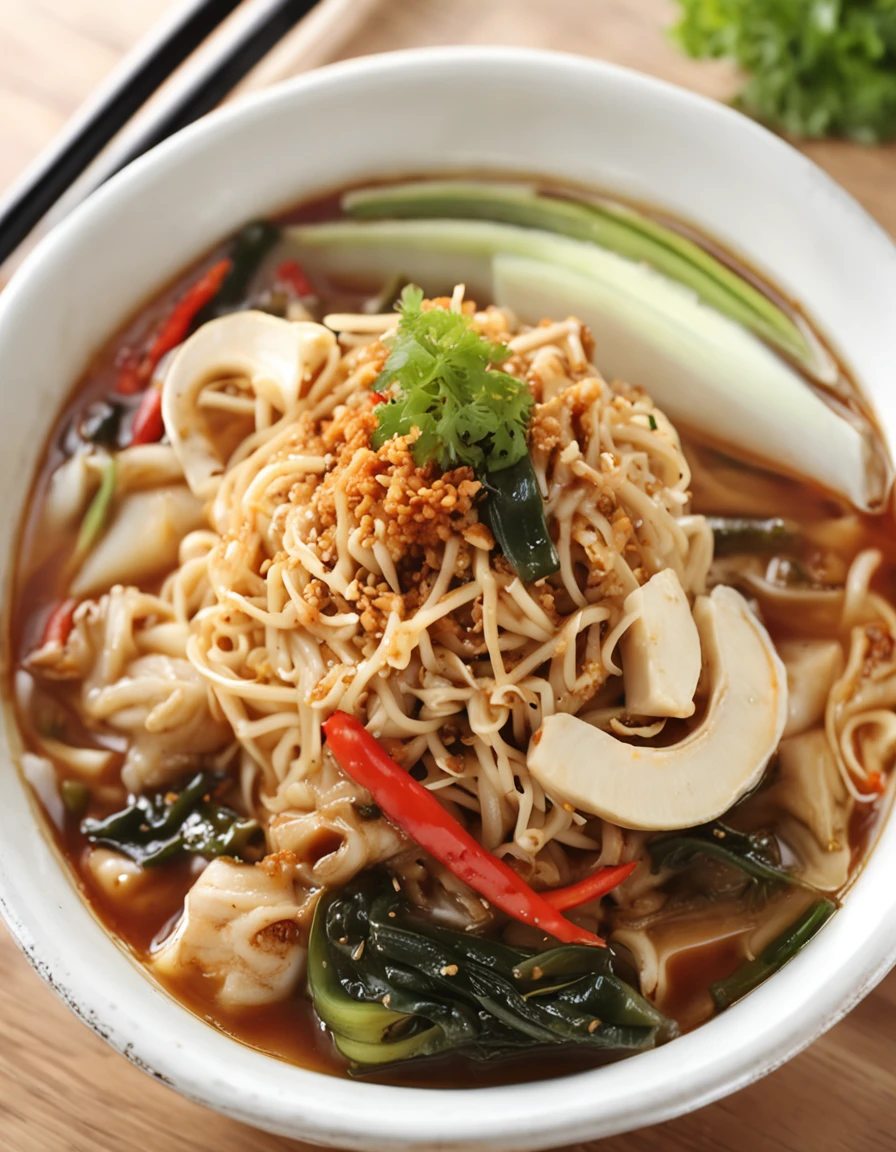 A deliciously tempting spicy noodle，Fresh vegetables are plentiful，The poached egg aroma is overflowing，The brown conch is delicious and delicious，The pepper is rich in flavor，The yellow bamboo shoots are crisp and delicious，The fungus has a delicate taste，Yellow dried tofu has a great aftertaste，The noodles picked up by chopsticks are fragrant。