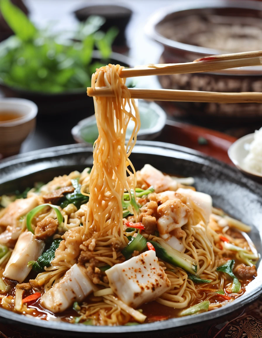 A deliciously tempting spicy noodle，Fresh vegetables are plentiful，The poached egg aroma is overflowing，The brown conch is delicious and delicious，The pepper is rich in flavor，The yellow bamboo shoots are crisp and delicious，The fungus has a delicate taste，Yellow dried tofu has a great aftertaste，The noodles picked up by chopsticks are fragrant。