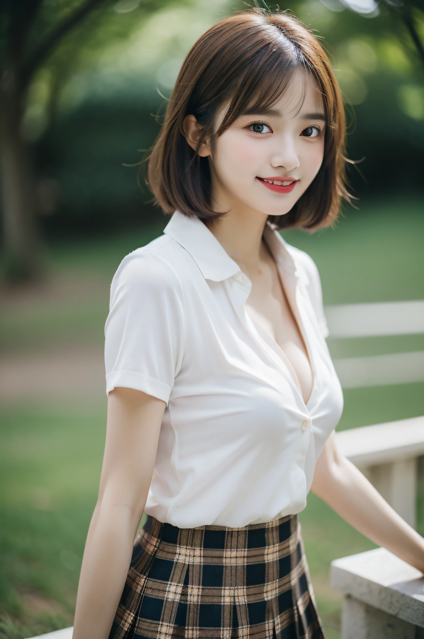 NSFW, 8k RAW photo, top-quality, masterpiece, 超A high resolution, film grains, filmg, 1girl, looking at the viewers, natural skin textures, realistic eyes and face details, Full lips, lipsticks, (makeup), red eye shadow, fluffy short hair, hair messy, a smile, closes mouth, beautiful legs, Tall lady, skiny, slim_legs, 独奏, huge-breasted, cleavage of the breast, Pose with your buttocks facing you, Ultra short skirt, buttock, The shirt, Beautiful natural places, Around the position of the flower, (细致背景), Plaid skirt, white shirt, huge-breasted, cleavage of the breast, Show a little cleavage through the shirt, lowfers, blurry backround, bblurry, ngel, Plaid, shortsleeves, JK ribbon on neck, JK Ribbon, brown haired, A bracelet, Eau, bangss, 校服, jewely, s lips, From the side, pleatedskirt, depth of fields