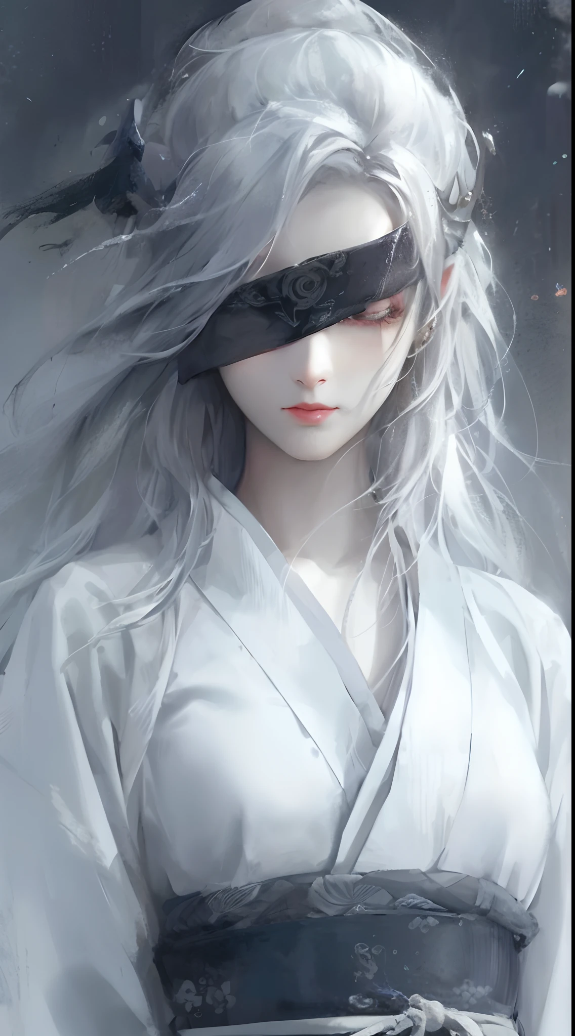 tmasterpiece，Need，China-style，Chinese Ancient Times，1 woman，Light gauze garment，ink and watercolor painting，A woman wears a black cloth belt to cover her eyes，Mature woman，Silver white long haired woman，hair over shoulders，pale pink lip，eye closeds，apathy，By bangs，assassins，Whiten face，frostbite，Manteau blanc，Blood，White-haired god,Blood stains on the face，Stunning character art，Hazy beauty，detail in face，Correct proportions，The painting is in the ancient painting style(Guviz)Creation，An oil painting depicting a woman with long hair。The entire painting features a palette of white and black。Loved by the audience。Presented in a meticulous drawing style。Women have gray hair like snow，Exudes an aura of mystery，Women wear elegant and elaborate clothing，The whole painting presents a high degree of skill。