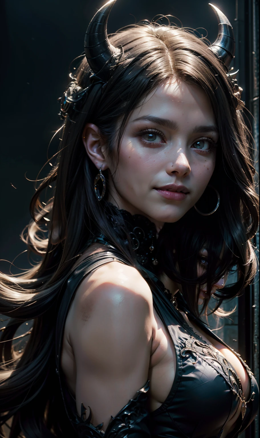 Beautiful portrait of perfect ((smiling demonic Succubus)), slender body, big heavy breasts, shapeless long hair, tiny horns, (wearing revealing gothic outfit), perfect features, abstract beauty, near perfection, pure form, dynamic pose, ethereal demonic background, (dark shadows), (strong cinematic lighting), ((rim lighting)), concept art by Greg Rutkowski and John William Waterhouse and Alphonse Mucha, stunning details, intricate details, 8k post-production, High resolution, super details, trending on ArtStation, sharp focus, depth of field f/1.8, studio photo.
