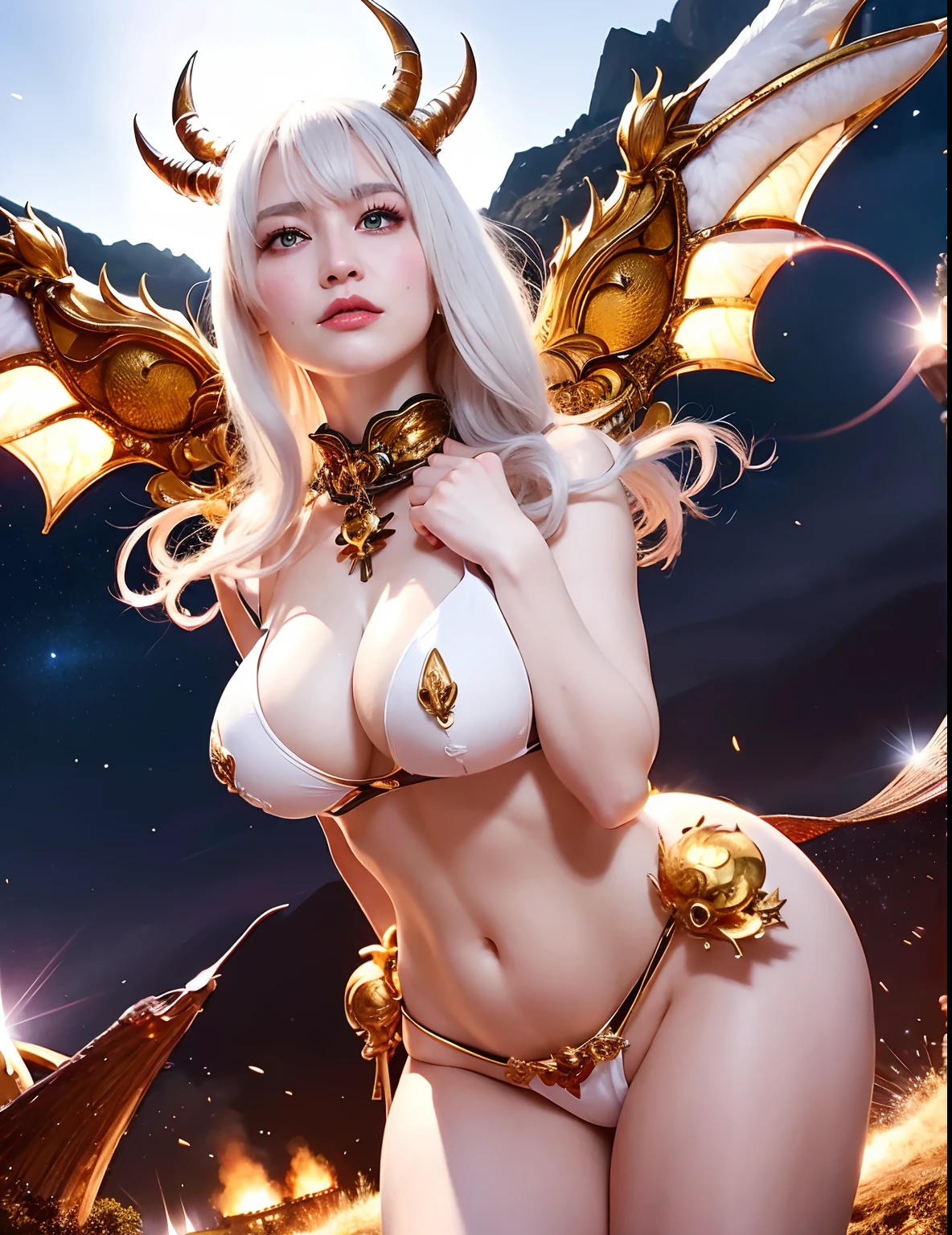 Professional , ​masterpiece、top-quality、photos realistic , depth of fields 、（White Jewel Body:1.９),(Matte White、（cleavage of the breast）、Jewel Gold Weapon、Particles of light、（White Jewel White Body:1.４),Gorgeous gold weapons ,（（ Dragon dense and gorgeous dragon sword）） , （demonic wings）   ,warhammer 40k 、（（White hair））、（Castle background）、（demonic wings）、（（Gangle's forest background））、Beautiful Caucasian beauty、１a person、dynamic ungle,(((Two devil's horns on the head)))、Smaller head、Idle Smile、Thin and beautiful female hands、cleavage of the breast、Mystical expression、Light Effects、intense fighting、Wind-effect、magic circles、With the legendary magic wand、Dragon's tail、