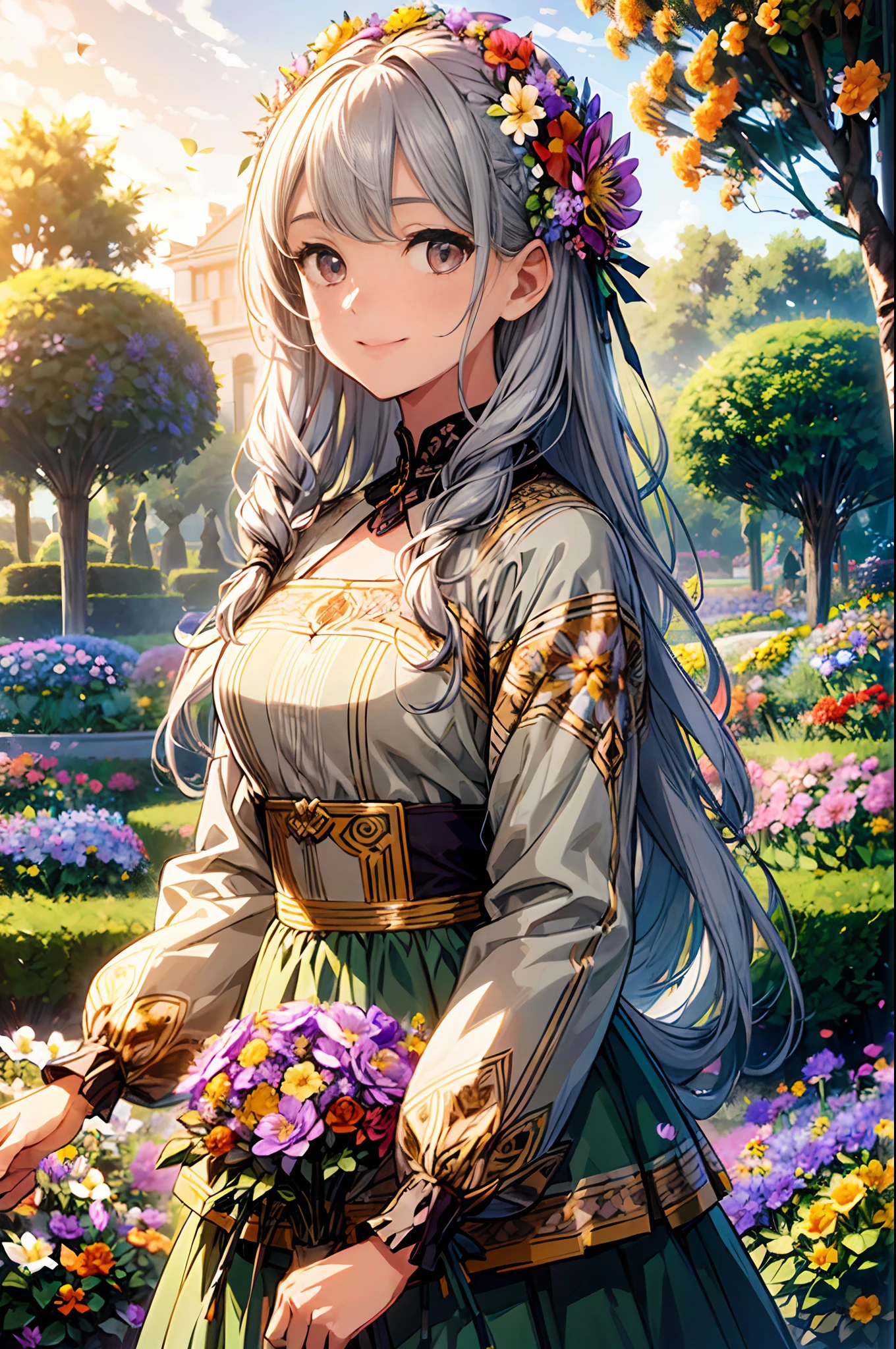 absurderes, hight resolution, (Official art, Beautiful and aesthetic:1.2), (Close View:1.2), Front composition,
1girl in, (Long hair:1.2), Gray hair, Wavy Hair, Smile,
(Everywhere in the flower garden:1.6), (Flower Effects:1.2), (Floral background:1.2), (Background filled with flowers:1.4), (Fancy backgrounds:1.1),