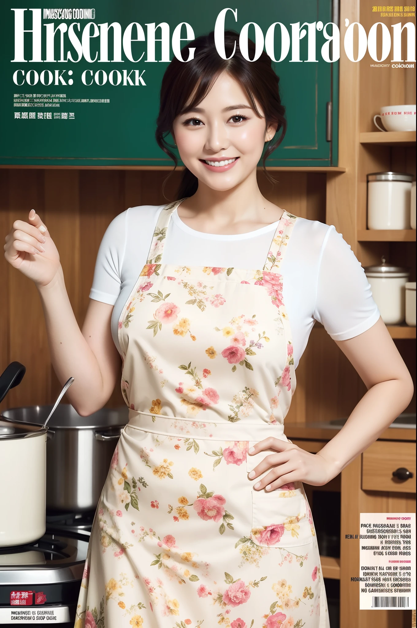 (Best Quality, Masterpiece), Front cover of a women's cooking magazine, 1girl, 30 years old, stunning, cute, heartwarming smile, hourglass figure, wearing floral dress, pinny apron, beautiful food, text, diagrams, advertisements, magazine title