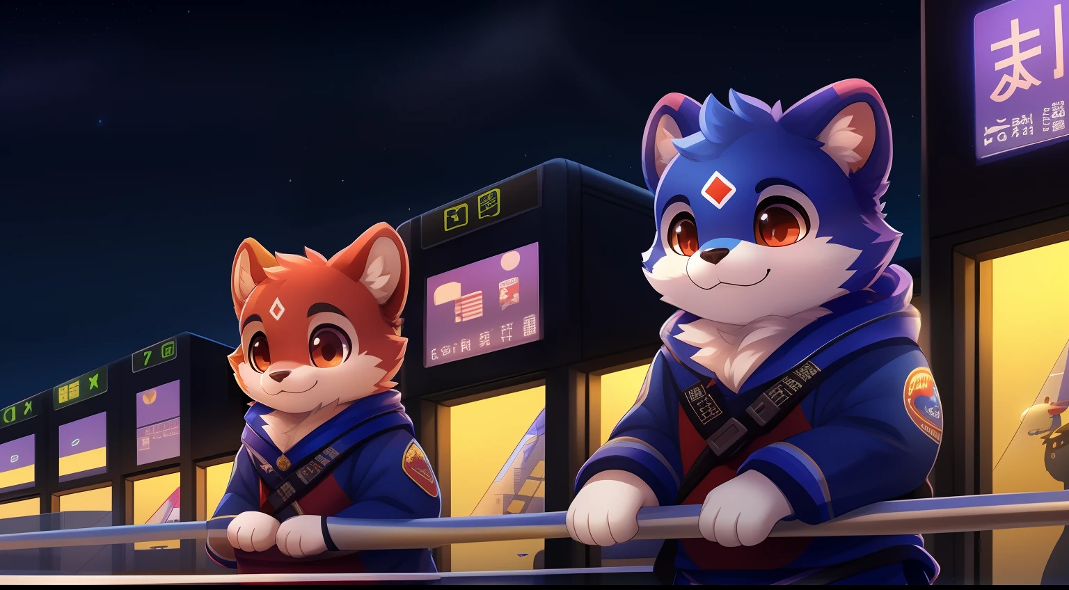 Furry Fur,hairy pubic,Lovely image,,Cute furry,Prepare for boarding,Terminal, Long, Fluffy tail,At the city high airport,full of lights,Cubs,is in night,nigh sky, 夏天,stars,Close-up of cute characters