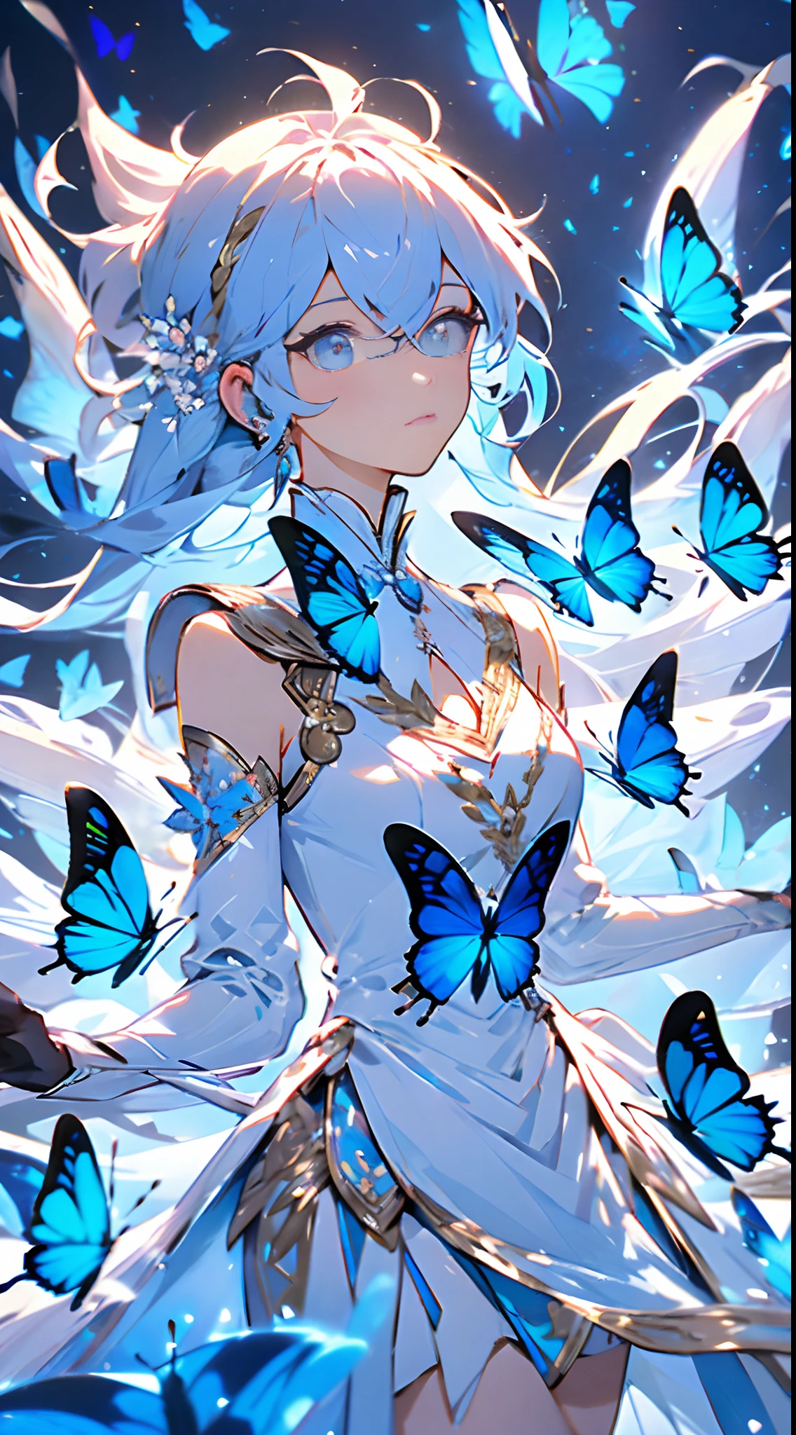 (Overhead view),dynamic angle,ultra-detailed, illustration, close-up, straight on, 1girl, (fantasy:1.4), (azure blue eyes:1.233),Her eyes shone like dreamy stars,(glowing eyes:1.233),(beautiful and detailed eyes:1.1),(Silver hair:1.14),(messy hair,very long hair,french braid,hair between eyes,sidelocks), (+(bule hair flower:1.14)),(chiffon dress,bule flower pattern in uniform)/=(military uniform:1.24),(detached sleeves,wide sleeves),(fingerless gloves),choker,(miko thighhighs),High heeled boots,(expressionless,closed mouth),(standing), (classical Princess boudoir with dressing tableand french windowin a white ancient palaces),(white flowers,bloom),(abysmal sea),(flowing water),(a dull blue world tree:1.14),(ruins),(night:1.2),dreamy,soul,(fluorescence),(flying translucent blue butterflies:1.15), [[delicate fingers and hands:0.55]::0.85],(detail fingers),(yubao:0.5),