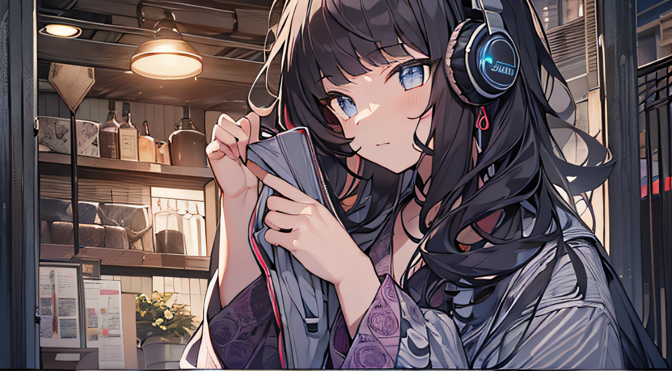 masutepiece, Best Quality,Illustration, Wallpaper, Ultra Detail, absurderes, 1girl in, Solo, (curls、cabelos preto e longos), Beautiful detailed eyes, stele、nighttime scene、Own room ,I'm turning around. , (Street:1.5), dressing gown、headphones