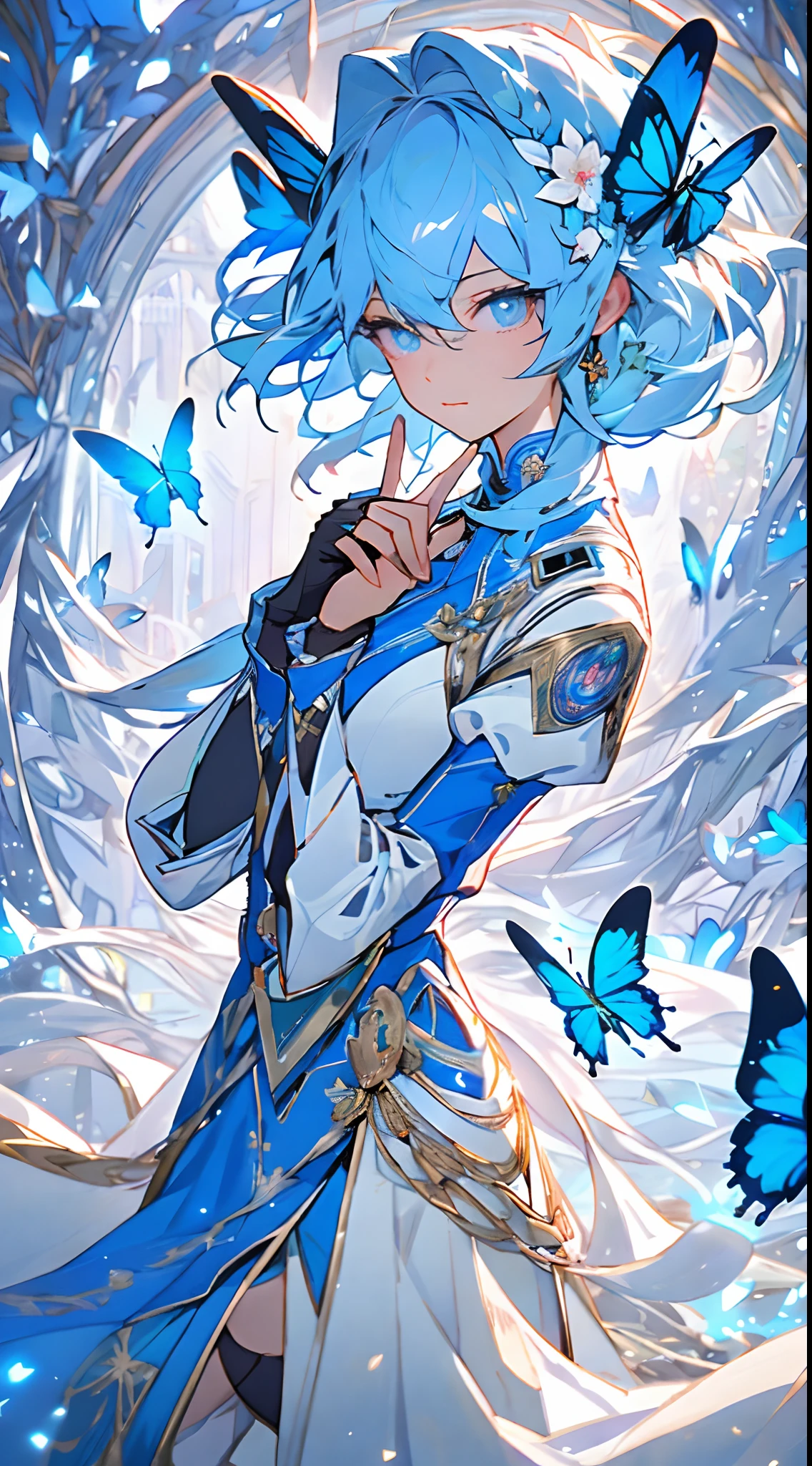 (Overhead view),dynamic angle,ultra-detailed, illustration, close-up, straight on, 1girl, (fantasy:1.4), (azure blue eyes:1.233),Her eyes shone like dreamy stars,(glowing eyes:1.233),(beautiful and detailed eyes:1.1),(Silver hair:1.14),(messy hair,very long hair,french braid,hair between eyes,sidelocks), (+(bule hair flower:1.14)),(chiffon dress,bule flower pattern in uniform)/=(military uniform:1.24),(detached sleeves,wide sleeves),(fingerless gloves),choker,(miko thighhighs),High heeled boots,(expressionless,closed mouth),(standing), (classical Princess boudoir with dressing tableand french windowin a white ancient palaces),(white flowers,bloom),(abysmal sea),(flowing water),(a dull blue world tree:1.14),(ruins),(night:1.2),dreamy,soul,(fluorescence),(flying translucent blue butterflies:1.15), [[delicate fingers and hands:0.55]::0.85],(detail fingers),(yubao:0.5),