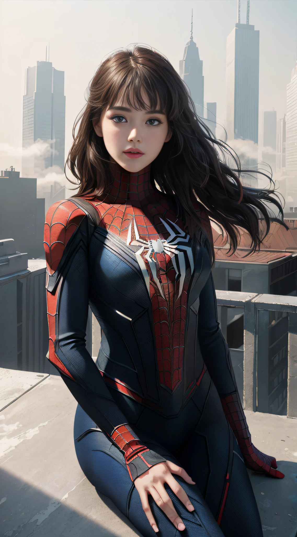 (1girl:1.3), Solo, (((Very detailed face)))), ((Very detailed eyes and face)))), Beautiful detail eyes, Body parts__, Official art, Unified 8k wallpaper, Super detailed, beautiful and beautiful, beautiful, masterpiece, best quality, original, masterpiece, super fine photo, best quality, super high resolution, realistic realism, sunlight, full body portrait, amazing beauty, dynamic pose, delicate face, vibrant eyes, (from the front), She wears Spider-Man suit, red and black color scheme, spider, very detailed city roof background, rooftop, overlooking the city, detailed face, detailed complex busy background, messy, gorgeous, milky white, highly detailed skin, realistic skin details, visible pores, clear focus, volumetric fog, 8k uhd, DSLR, high quality, film grain, fair skin, photo realism, lomography, futuristic dystopian megalopolis, translucent