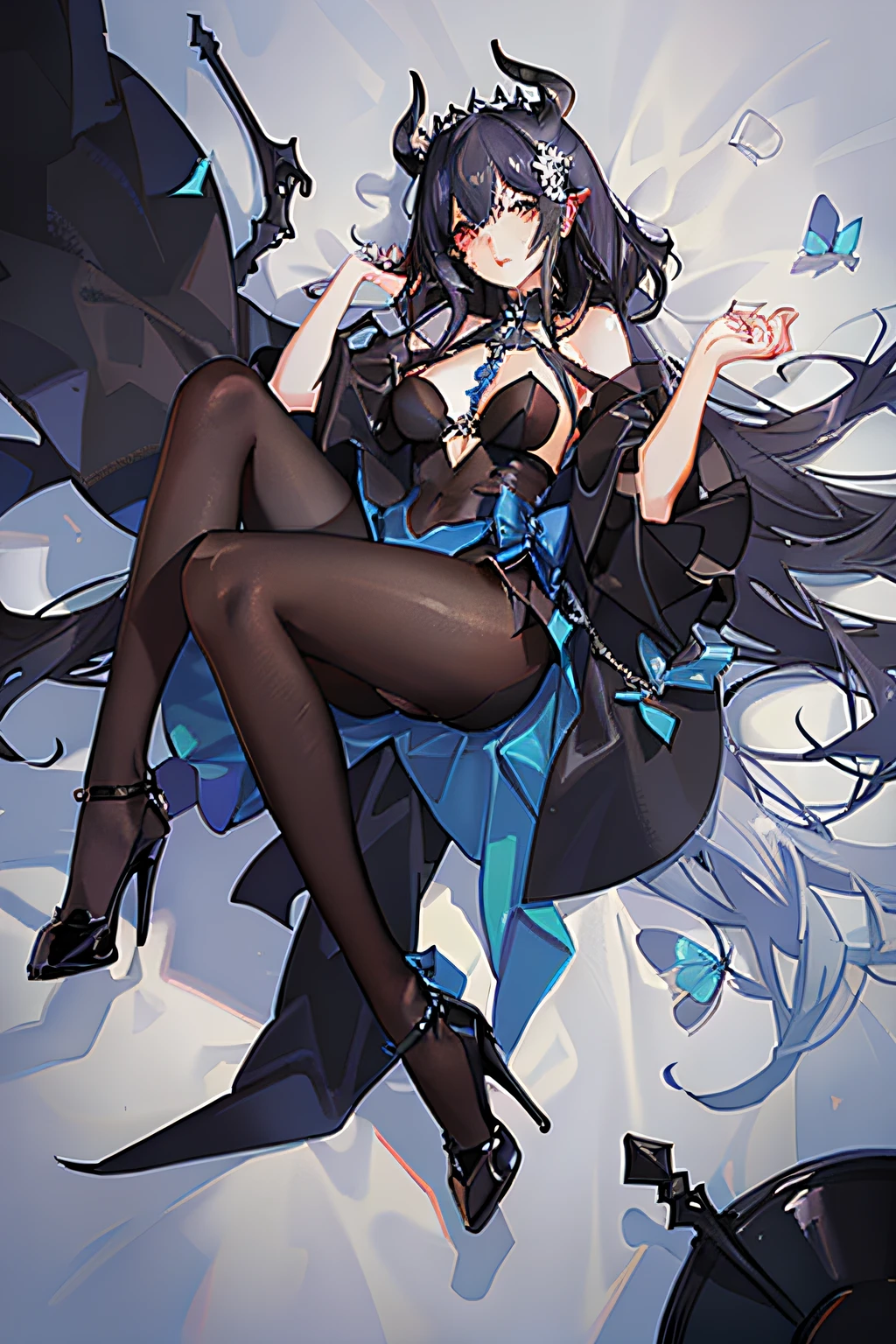 Anime character succubus sky blue long hair black dress black silk pantyhose black high heels,Lazy beautiful big sister