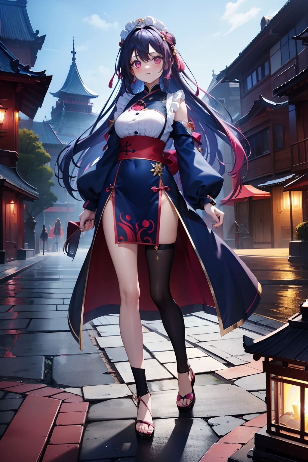 semi-long hair of dark pink color,, Bun on the right side, No headdress, Pretty pink eyes